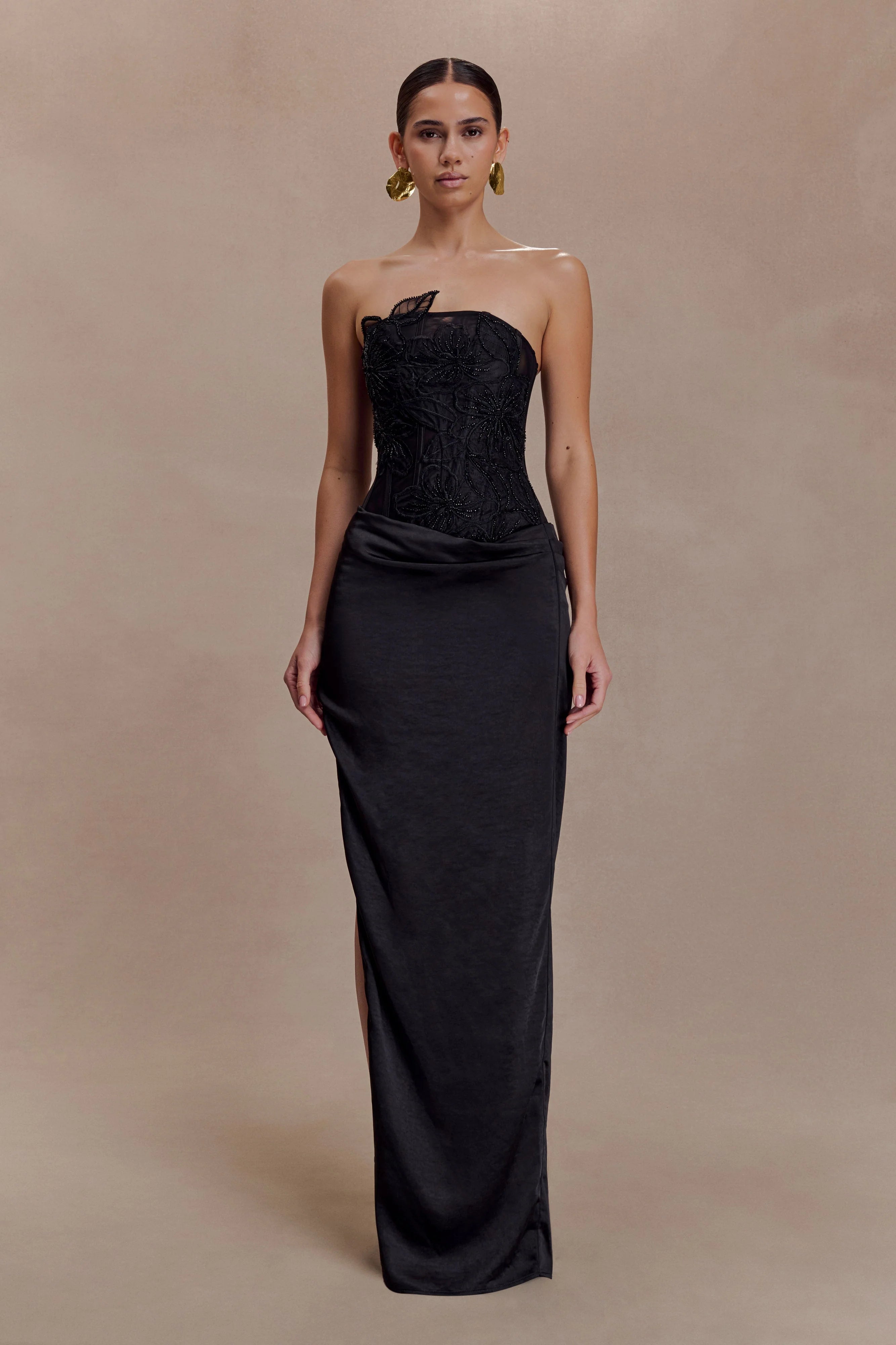 ER Asha Floral Mesh And Satin Maxi Dress - Black