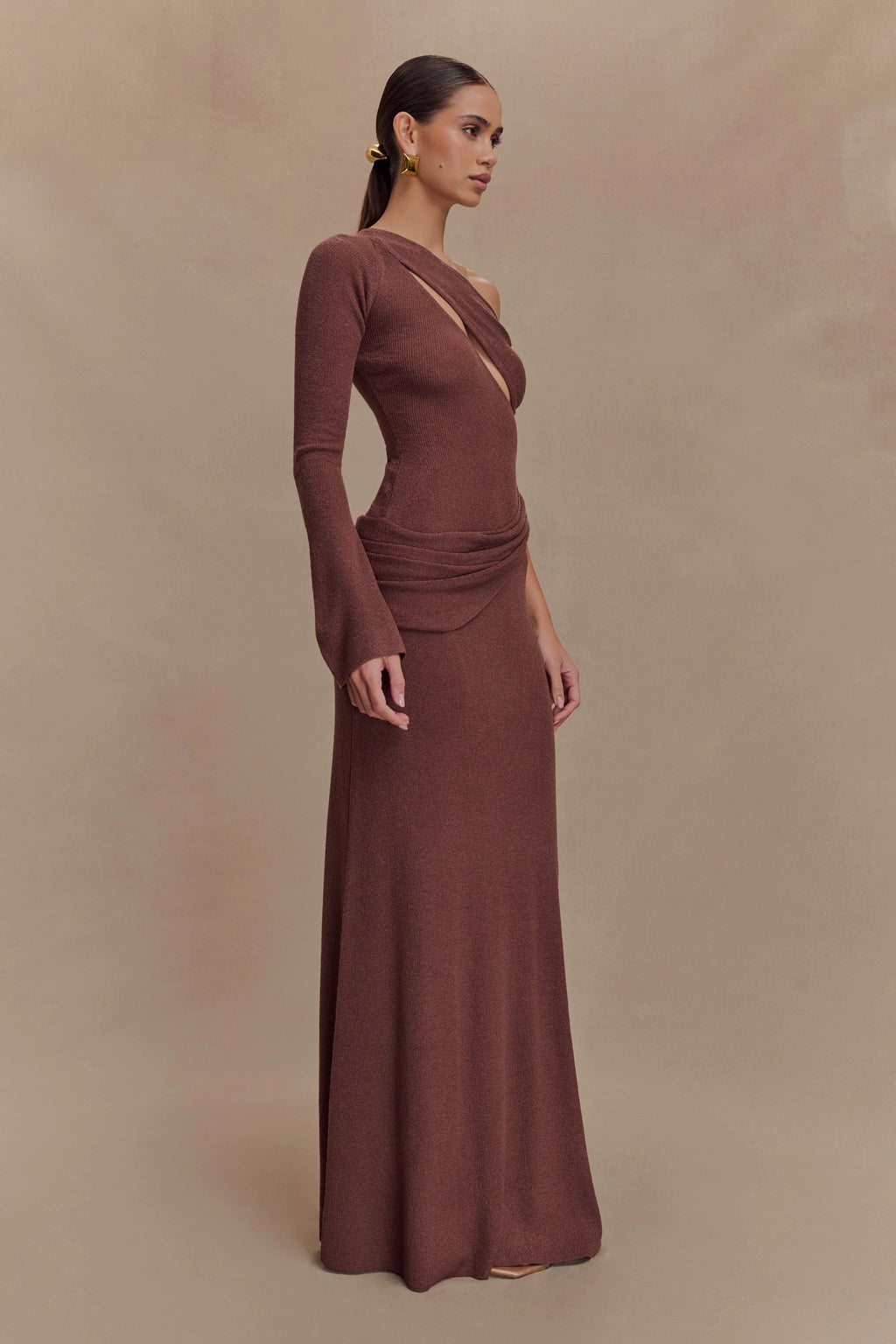 ER Alexius One Shoulder Knit Maxi Dress - Nutmeg