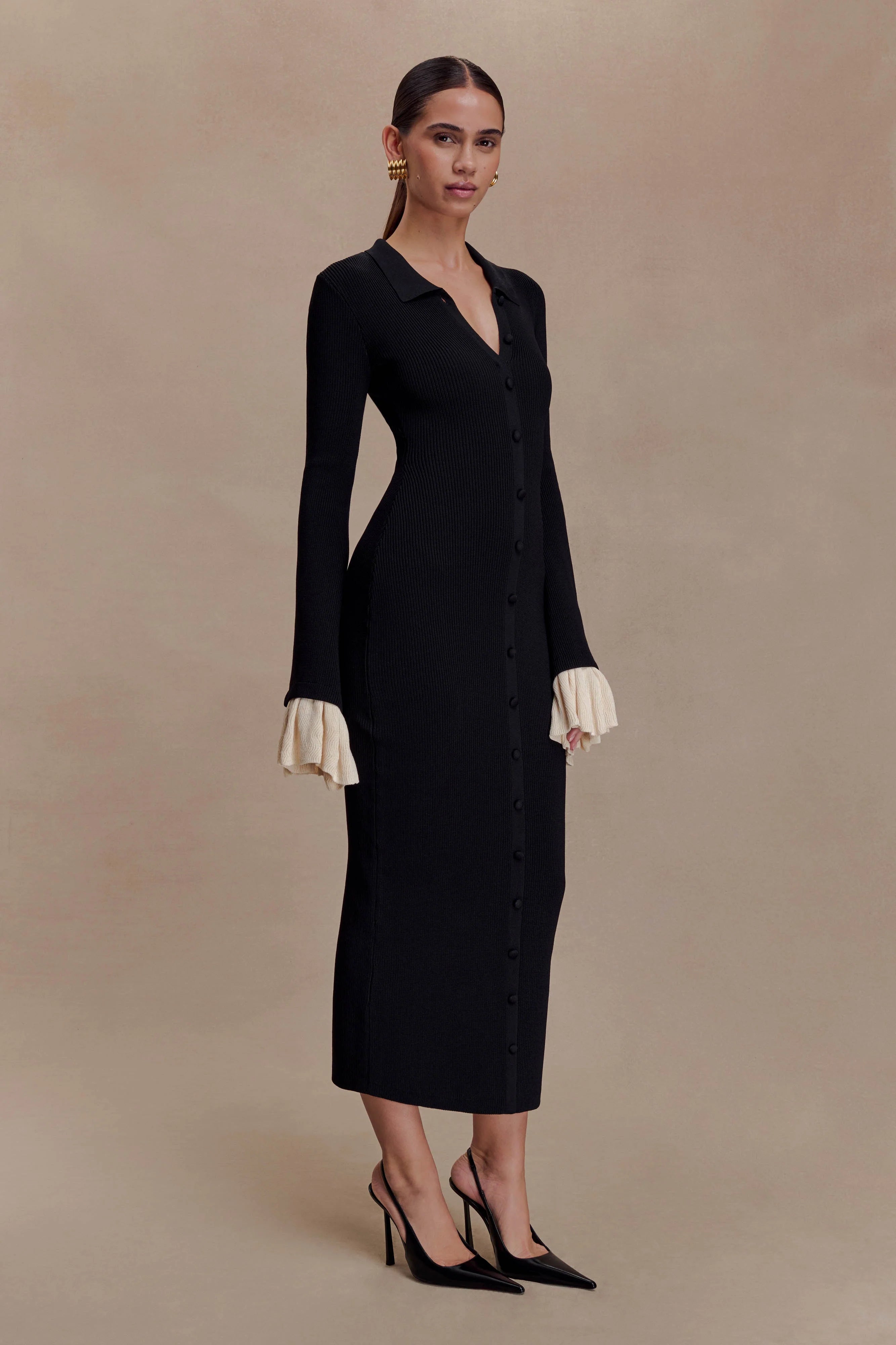 ER Amirose Ruffle Knit Midi Dress - Black