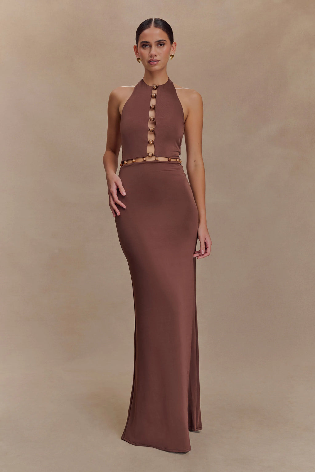 ER Albion Beaded Slinky Maxi Dress - Chocolate