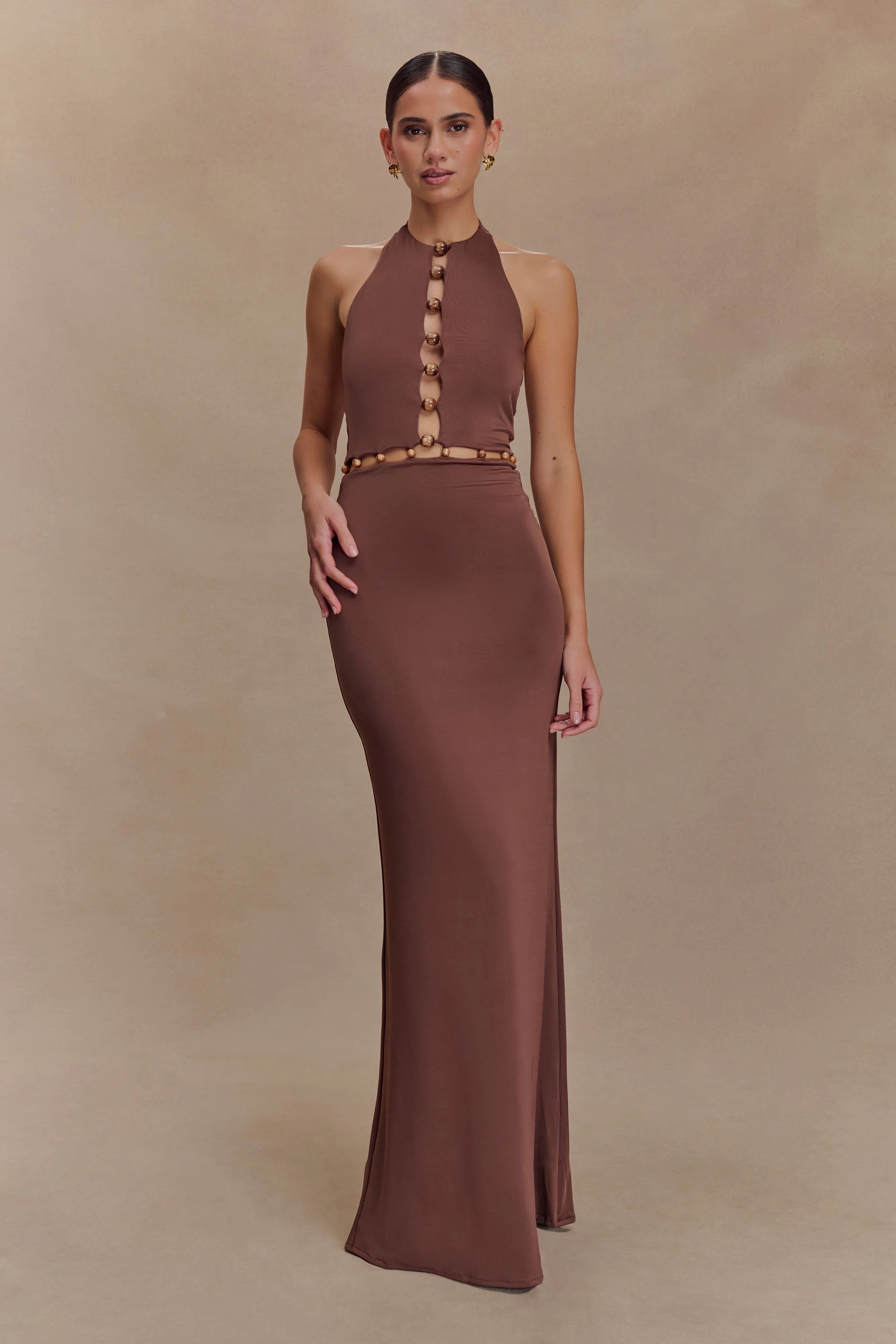 ER Albion Beaded Slinky Maxi Dress - Chocolate