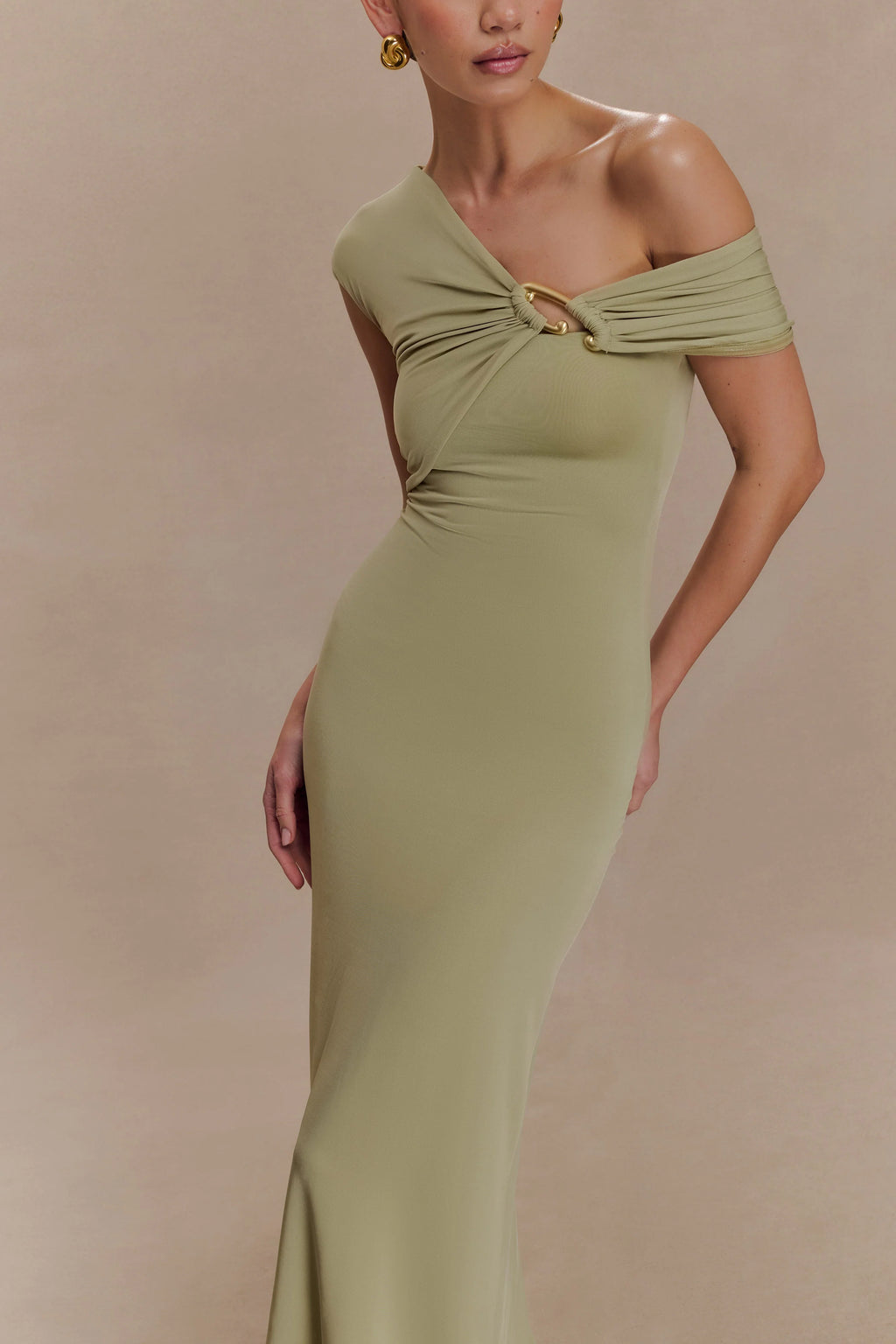 ER Ashford Asymmetrical Slinky Maxi Dress - Sage