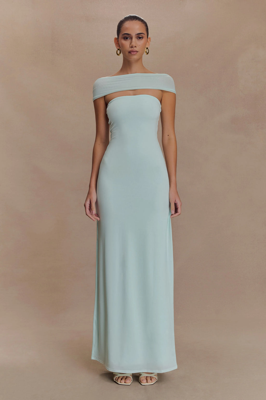 ER Aurora Slinky And Mesh Split Maxi Dress - Lagoon
