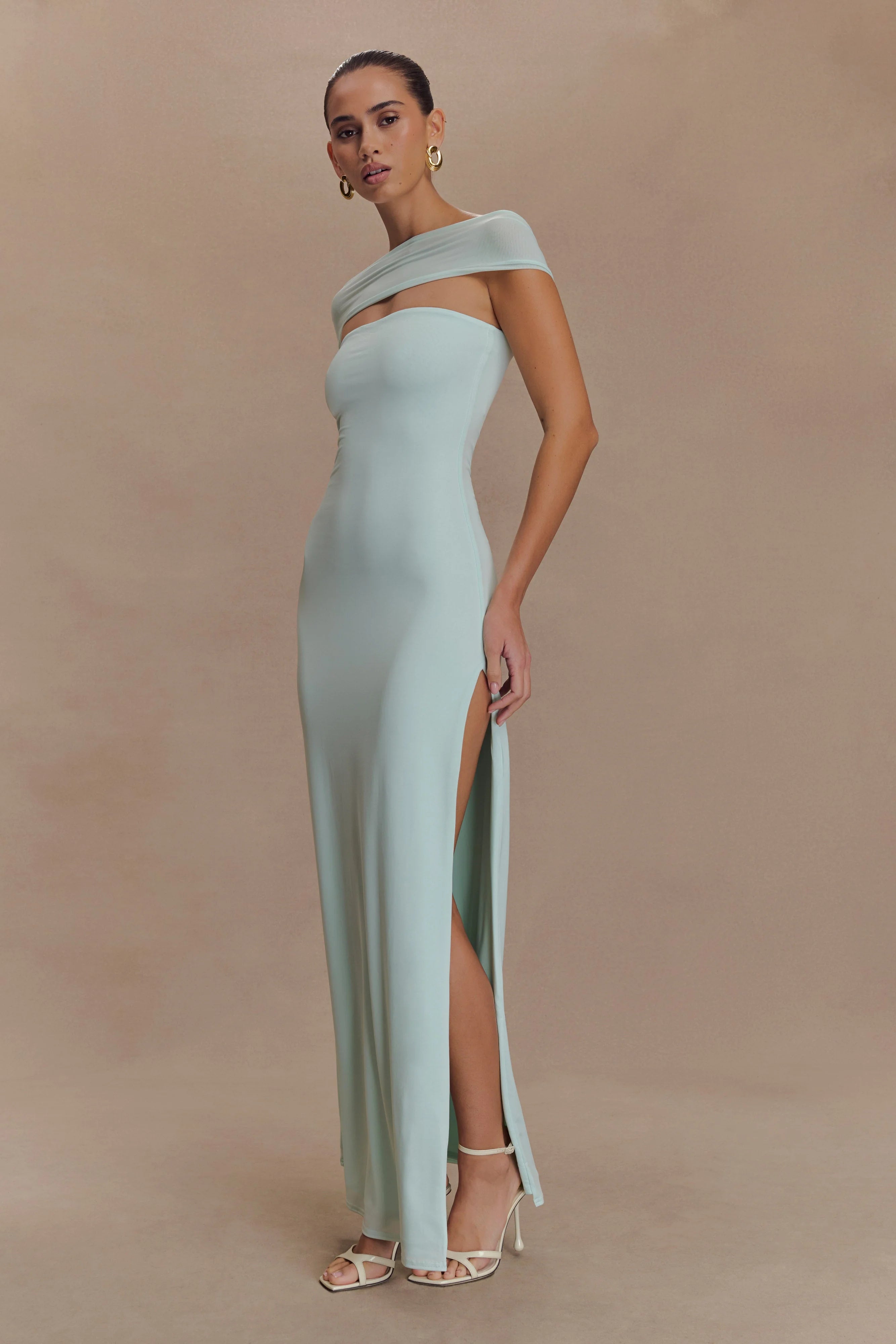 ER Aurora Slinky And Mesh Split Maxi Dress - Lagoon