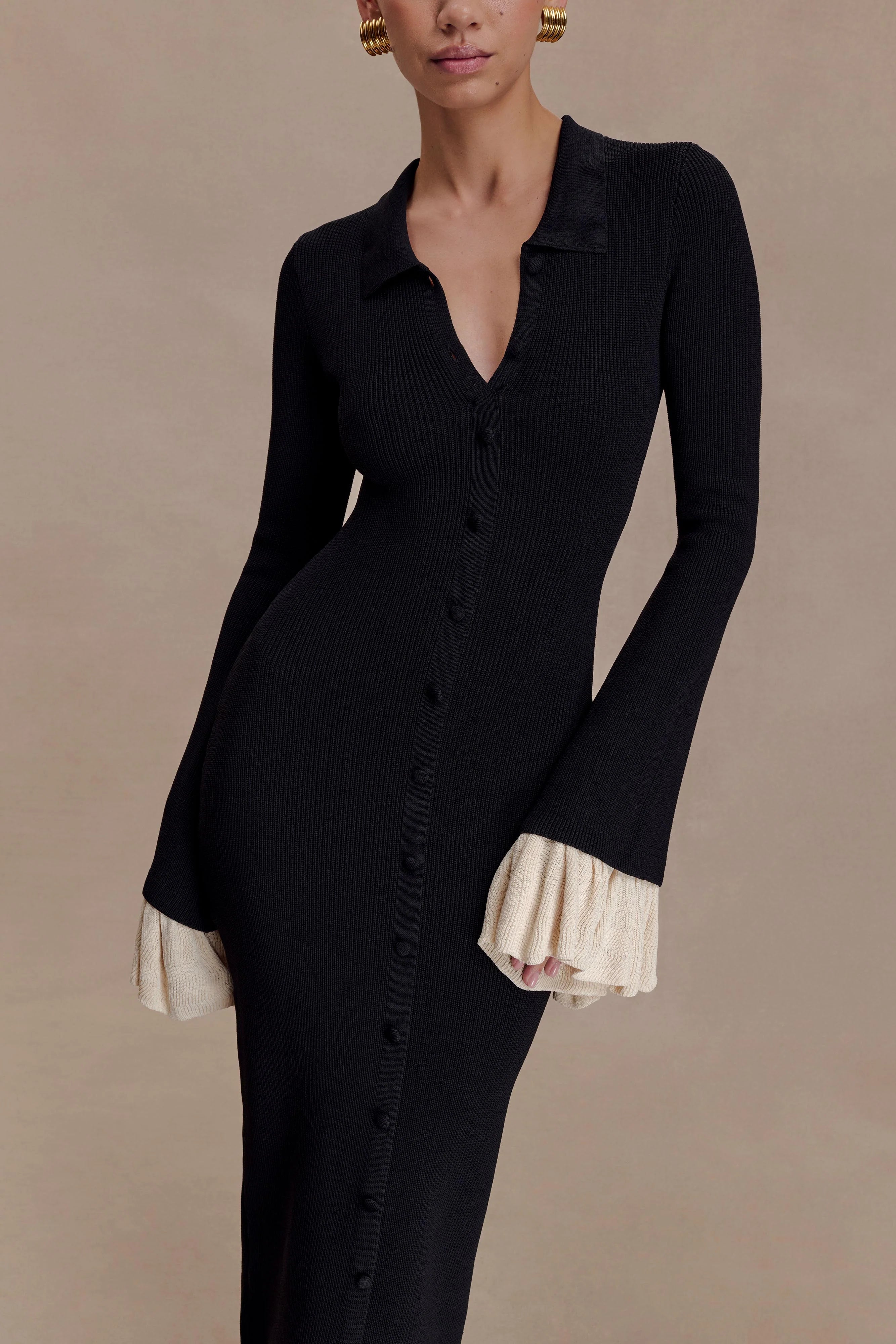 ER Amirose Ruffle Knit Midi Dress - Black