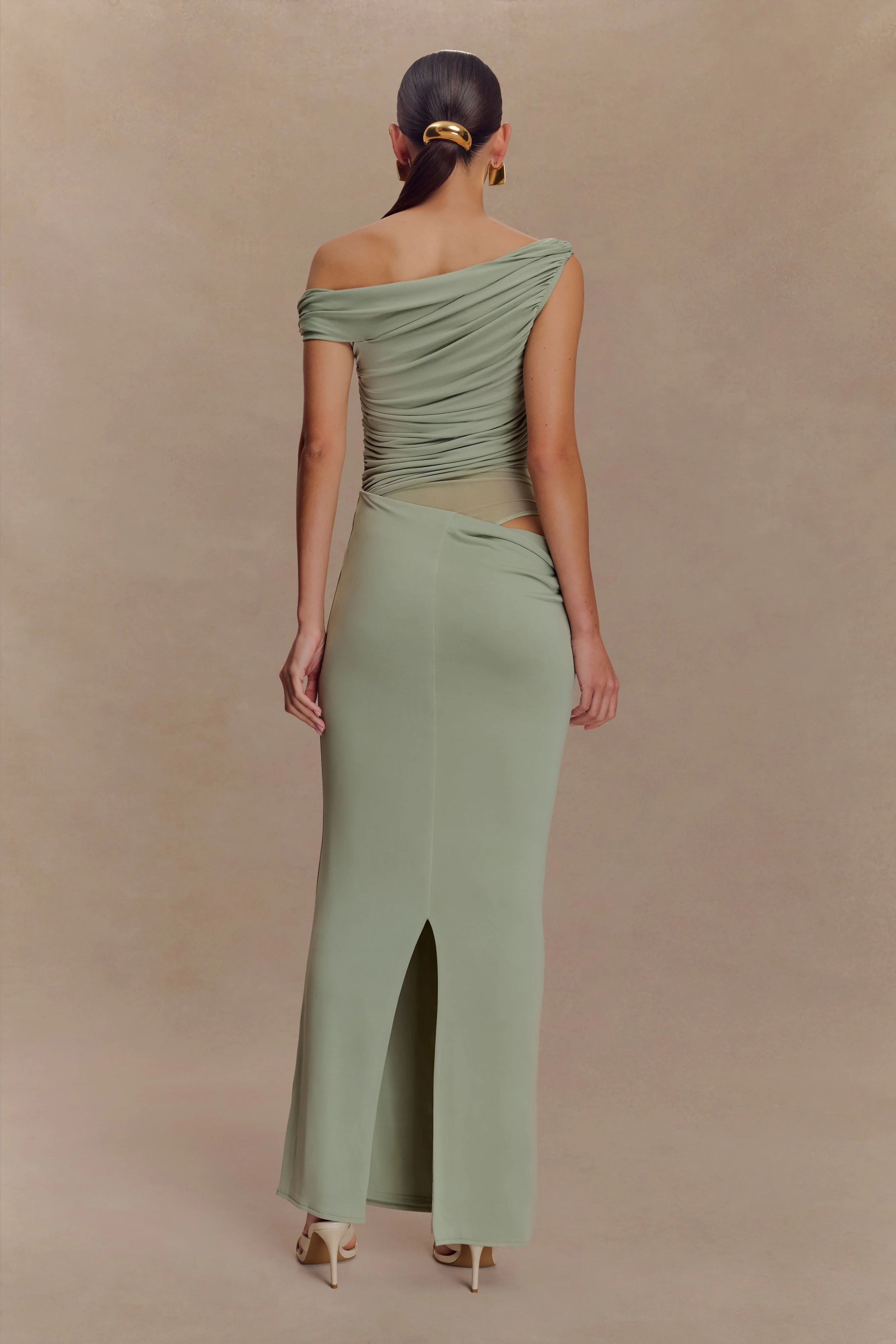 ER Callen One Shoulder Slinky Maxi Dress - Sage