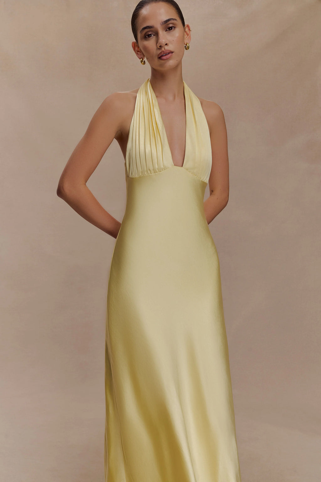 ER Alice Satin Halter Maxi Dress - Lemon