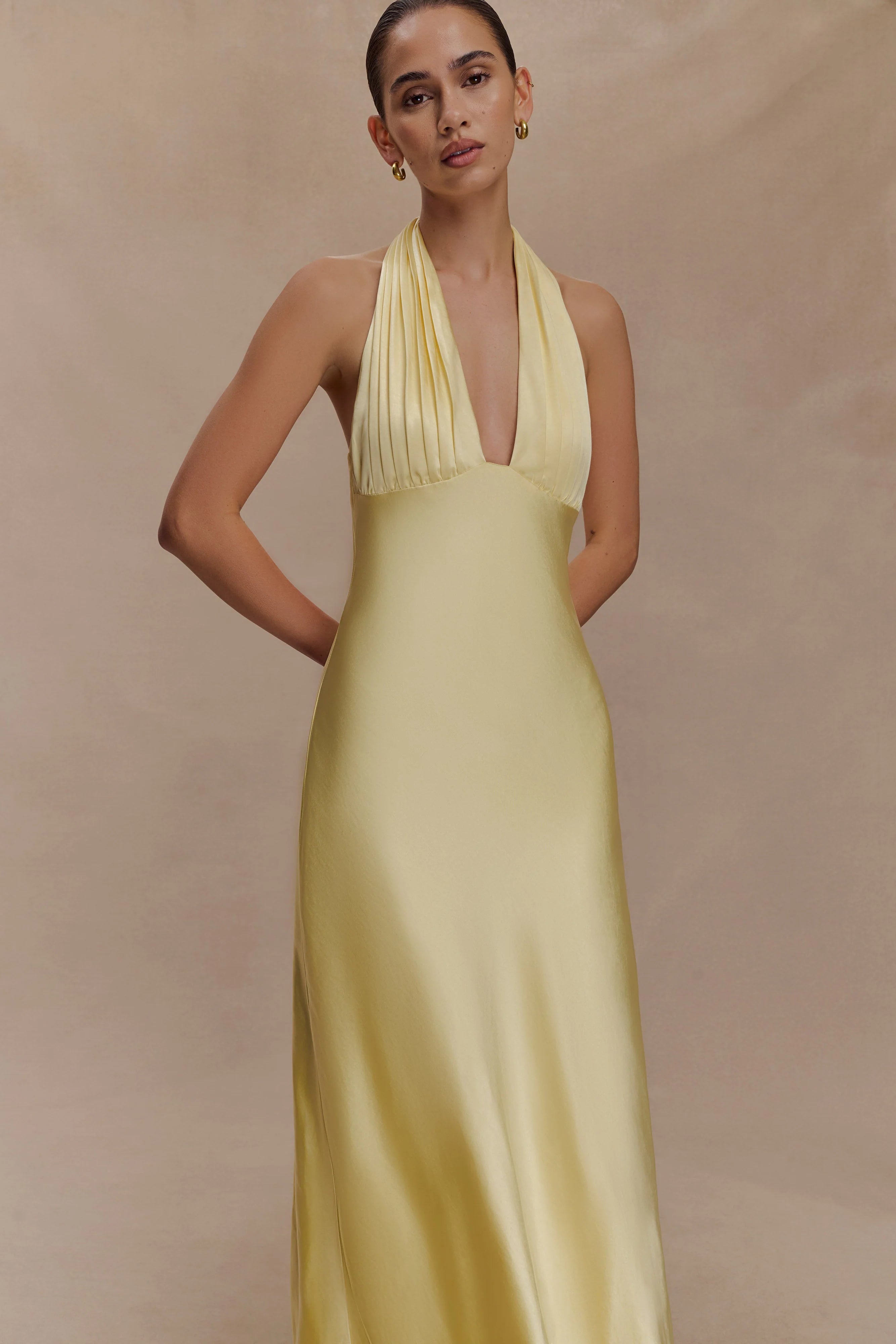 ER Alice Satin Halter Maxi Dress - Lemon