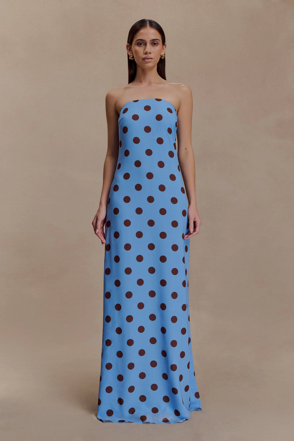 ER Amaya Strapless Chiffon Maxi Dress - Blue Polka Dot