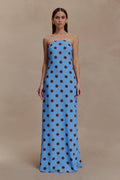 ER Amaya Strapless Chiffon Maxi Dress - Blue Polka Dot