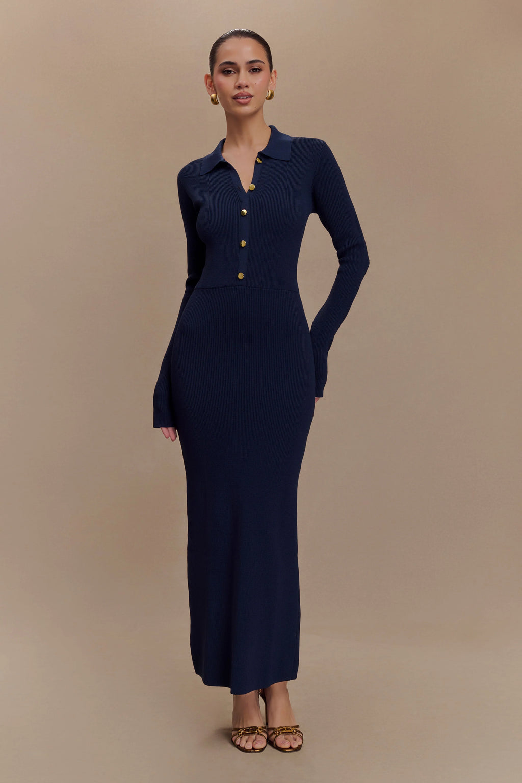 ER Abbey Buttoned Knit Midi Dress - Navy