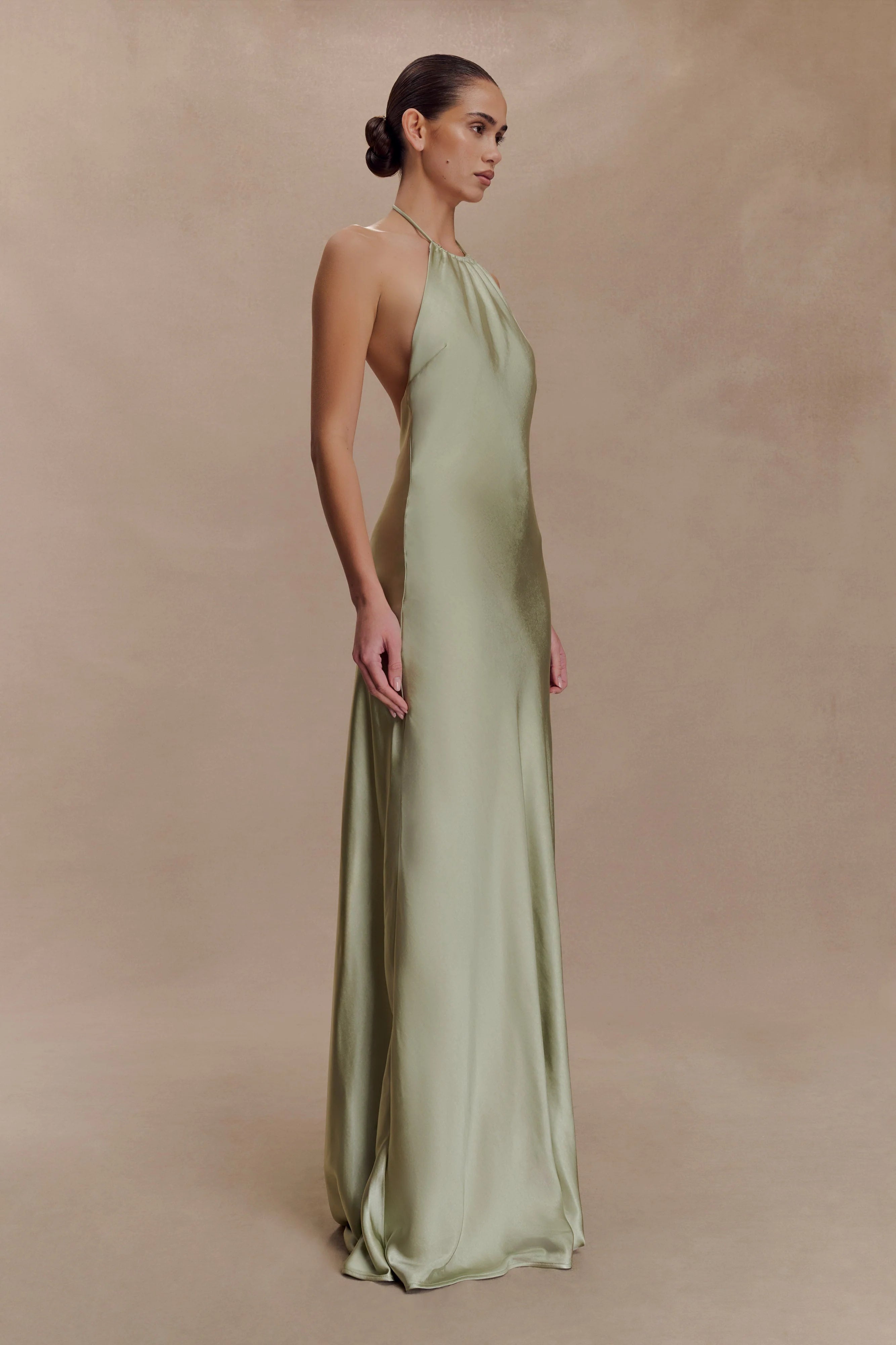 ER Bella Satin Halter Maxi Dress - Sage