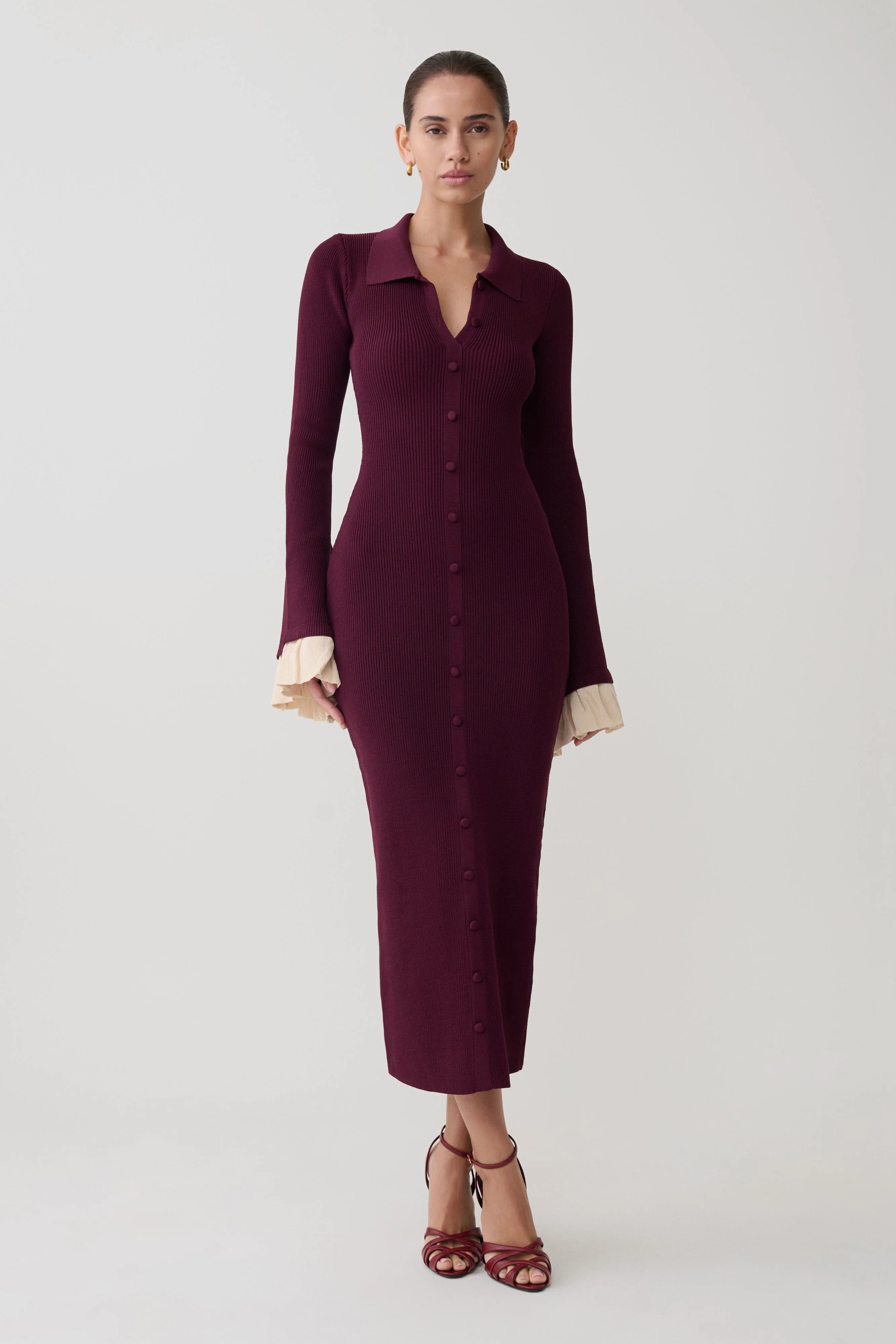 ER Amirose Ruffle Knit Midi Dress - Plum