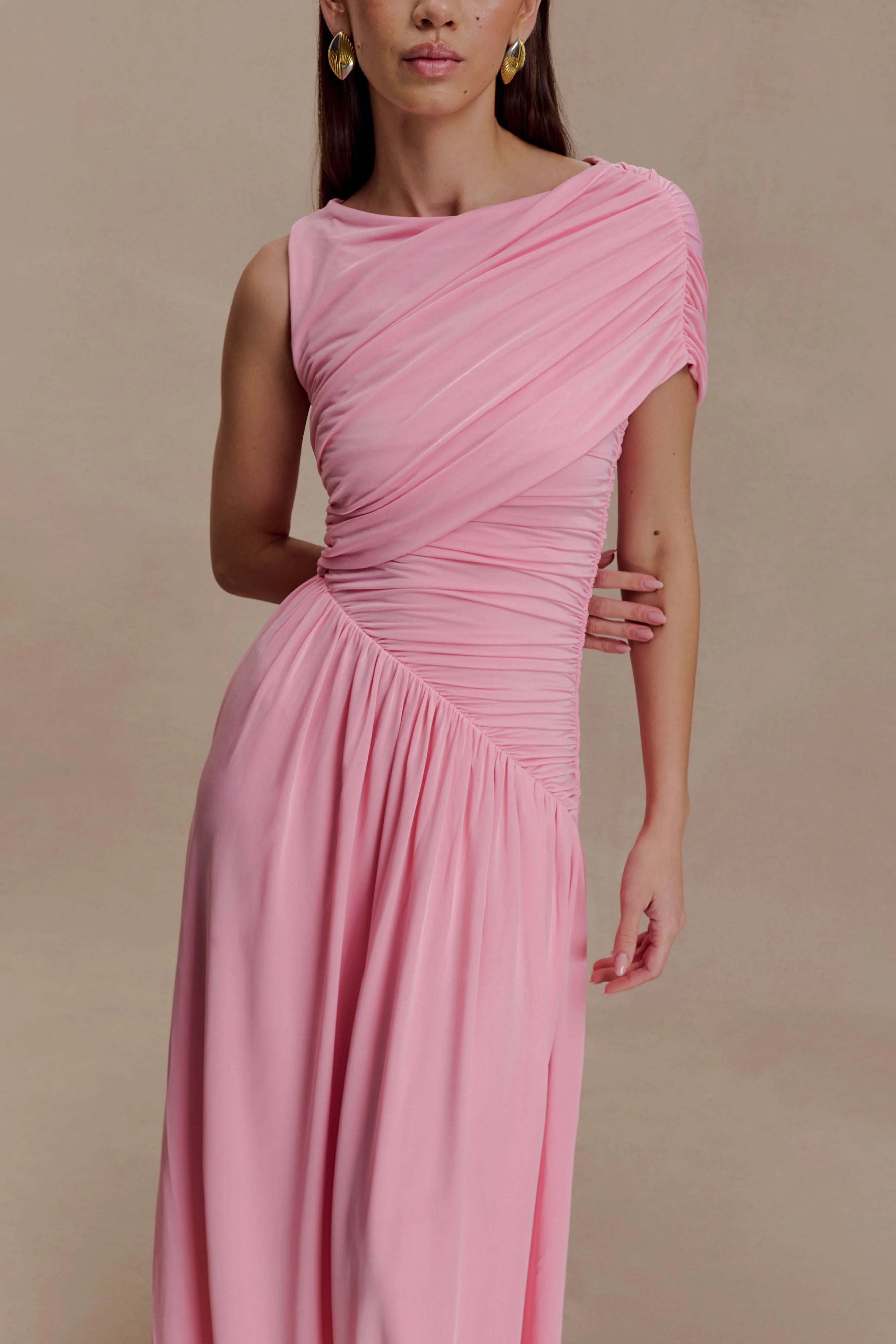 ER Ayeshya Slinky Asymmetric Maxi Dress - Candy Pink