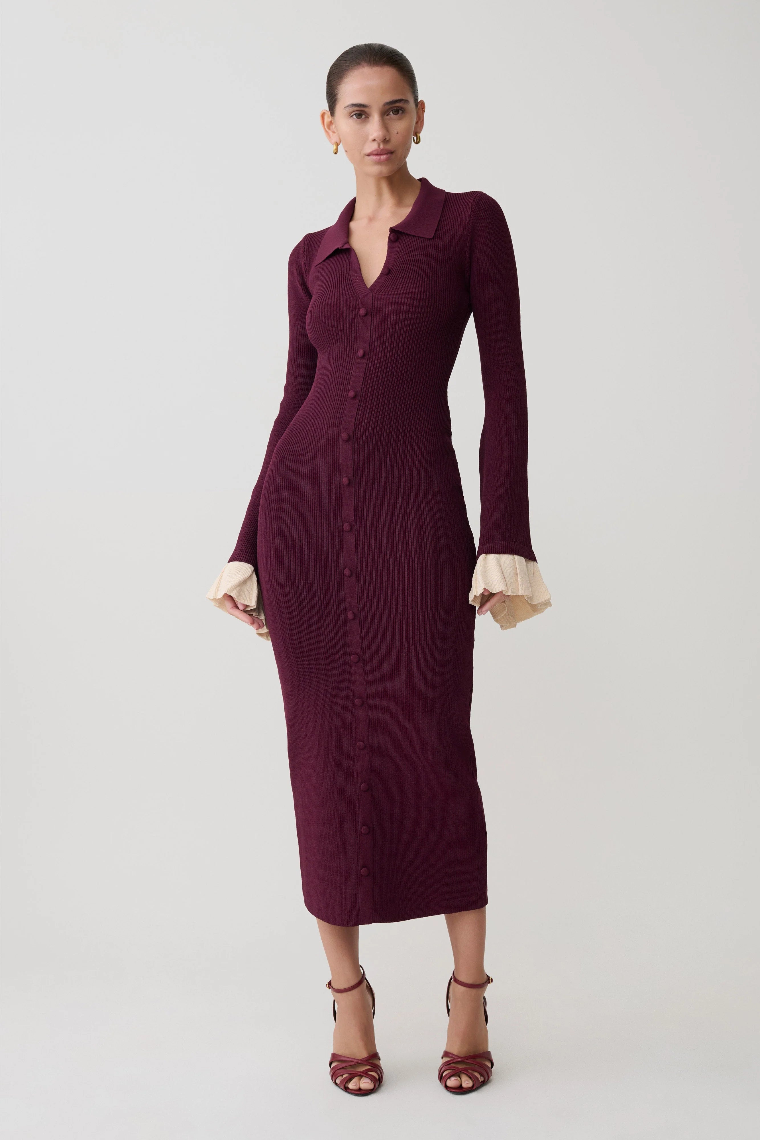 ER Amirose Ruffle Knit Midi Dress - Plum