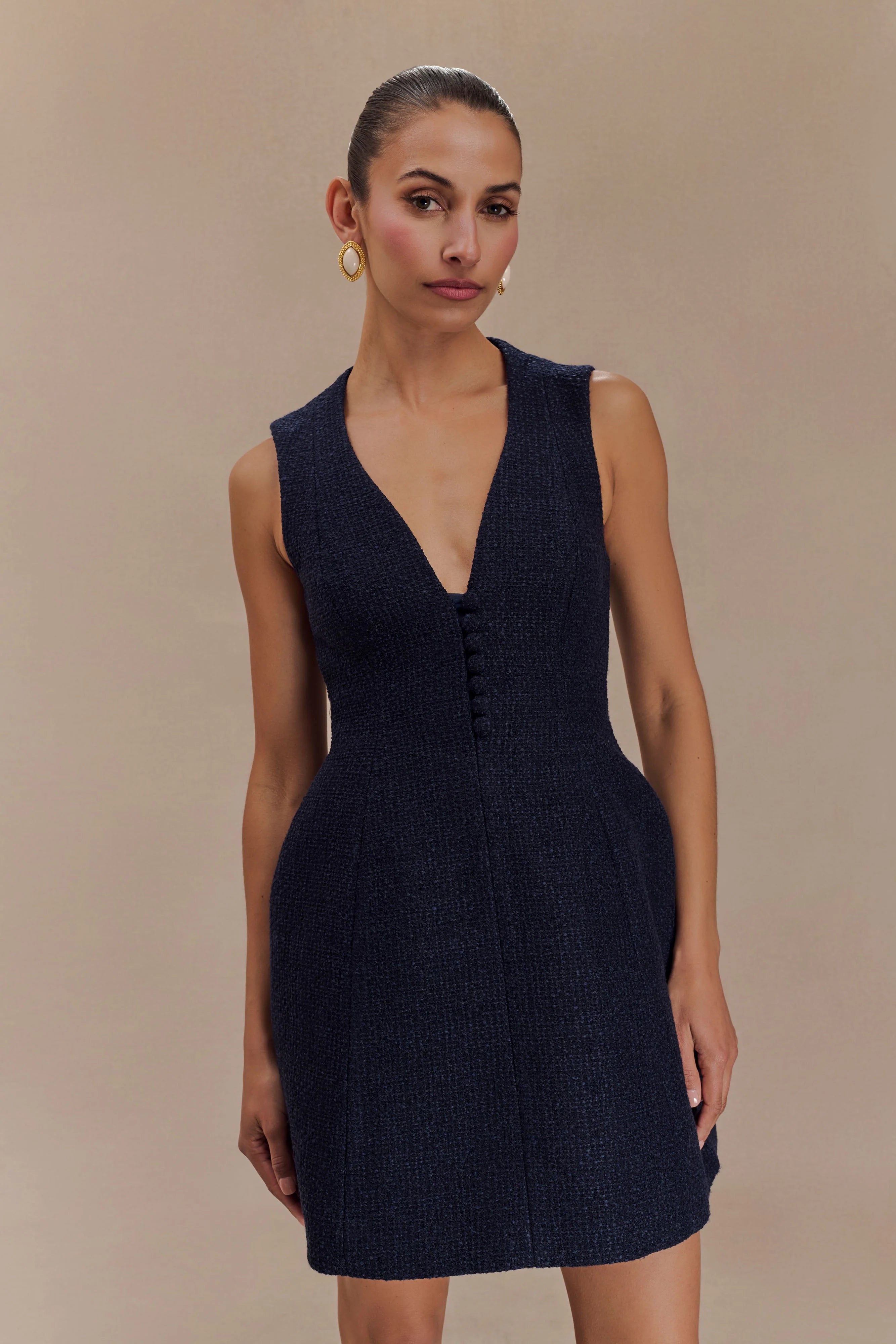 ER Danna Boucle Mini Dress With Pleats - Midnight Blue