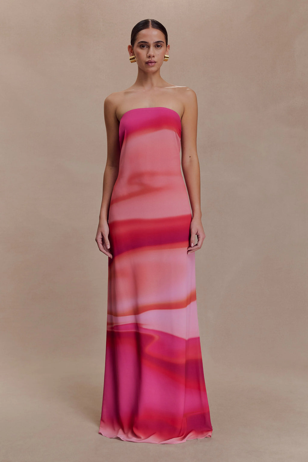 ER Amaya Strapless Chiffon Maxi Dress - Pink Sunset Print