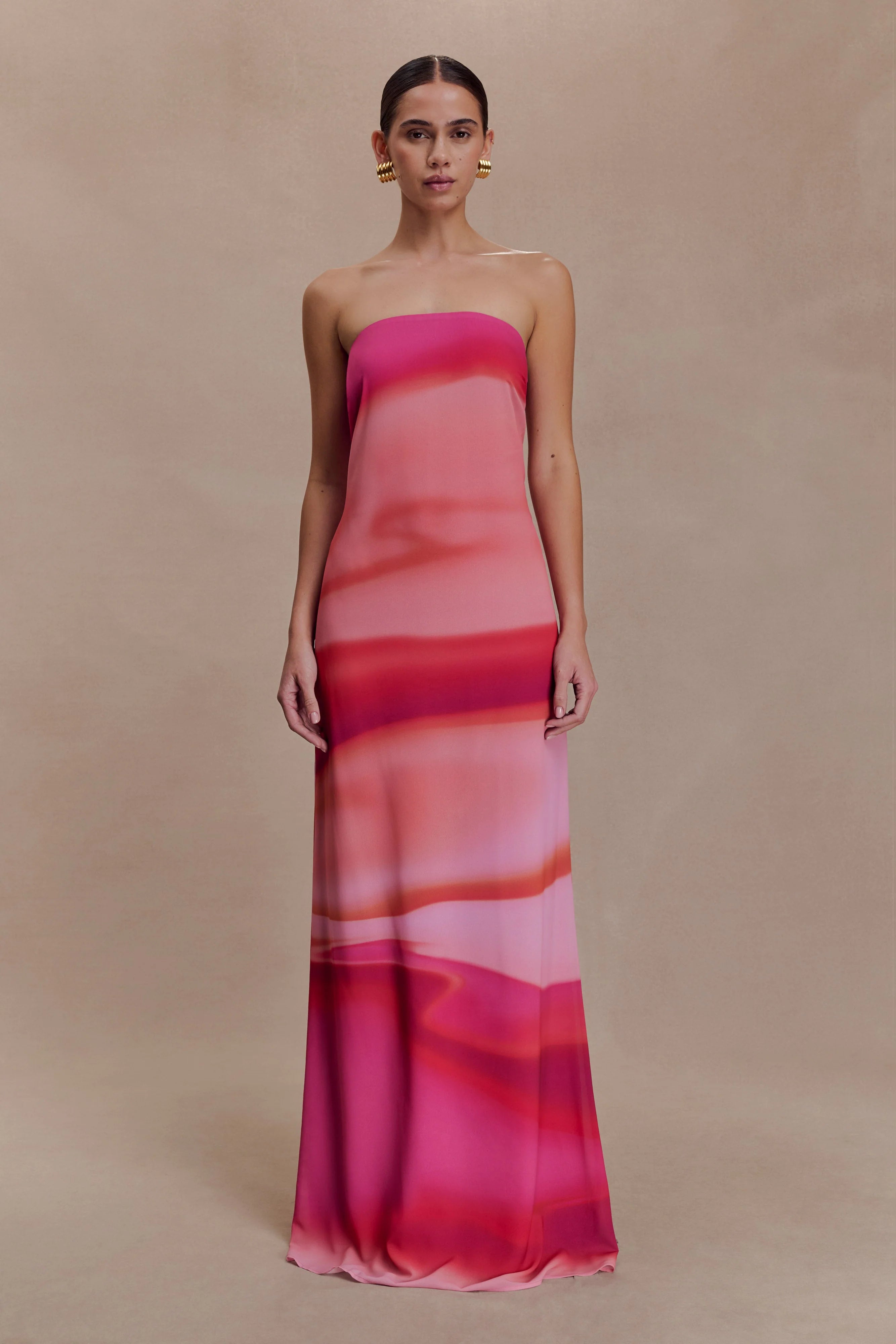 ER Amaya Strapless Chiffon Maxi Dress - Pink Sunset Print