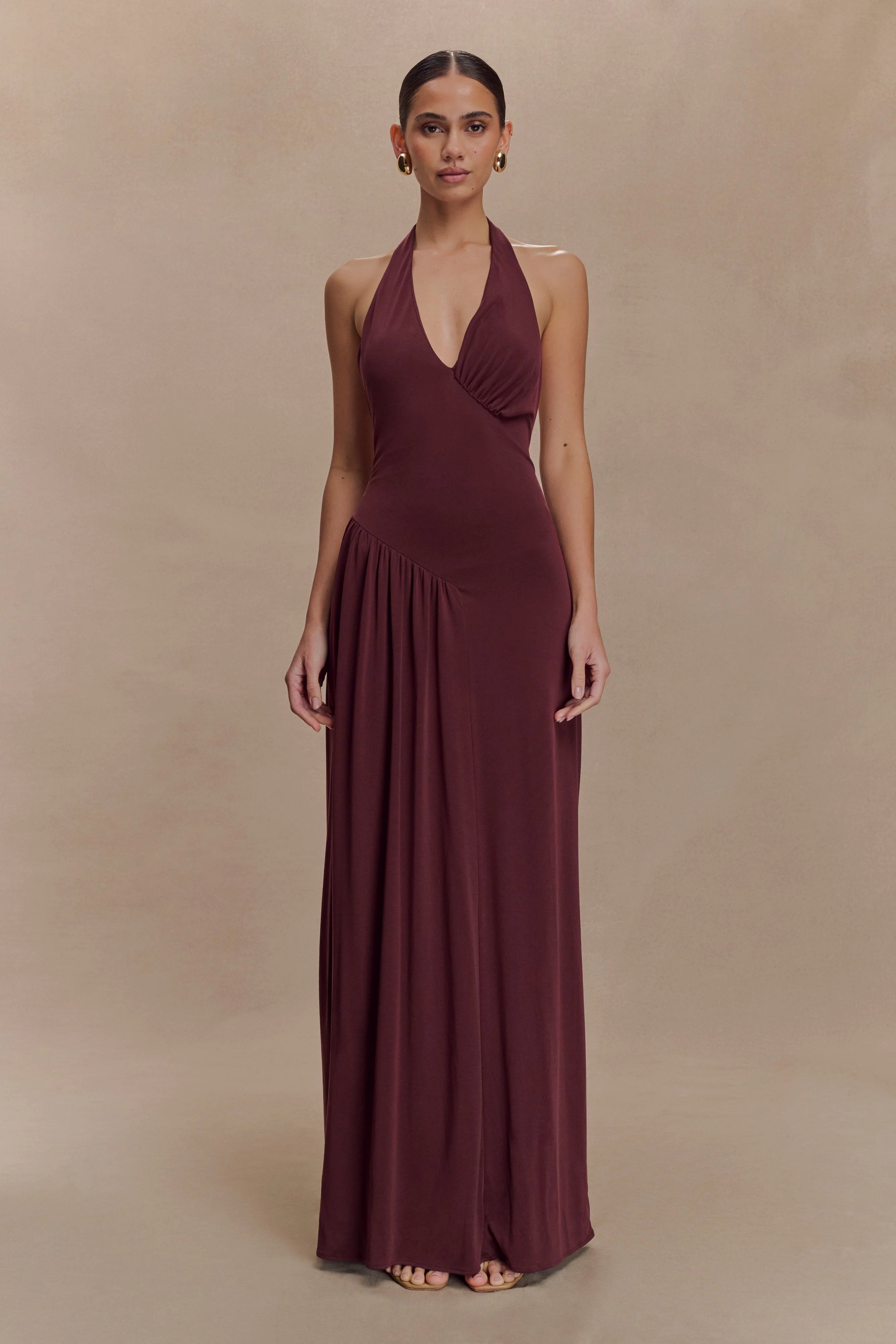 ER Yelena Ruched Halter Maxi Dress - Mahogany