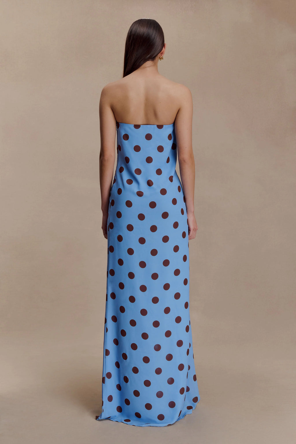 ER Amaya Strapless Chiffon Maxi Dress - Blue Polka Dot
