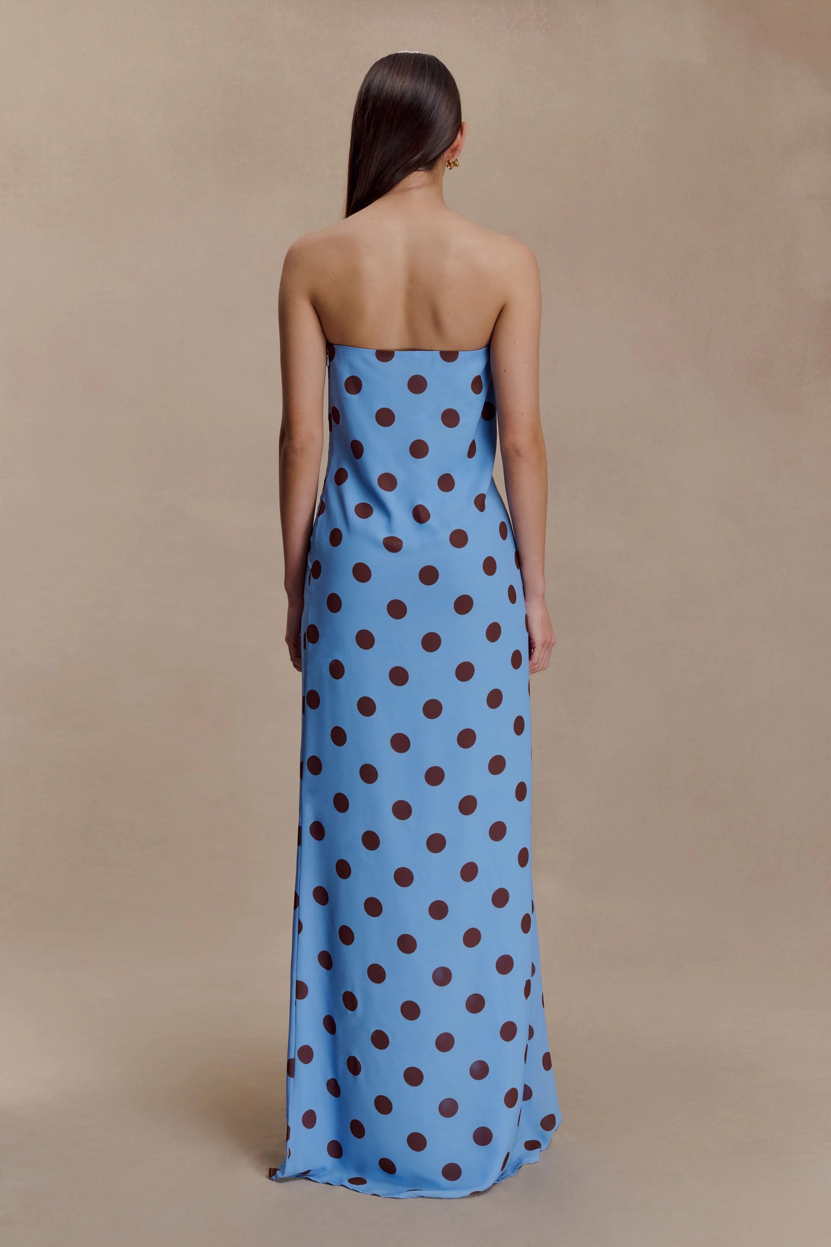 ER Amaya Strapless Chiffon Maxi Dress - Blue Polka Dot