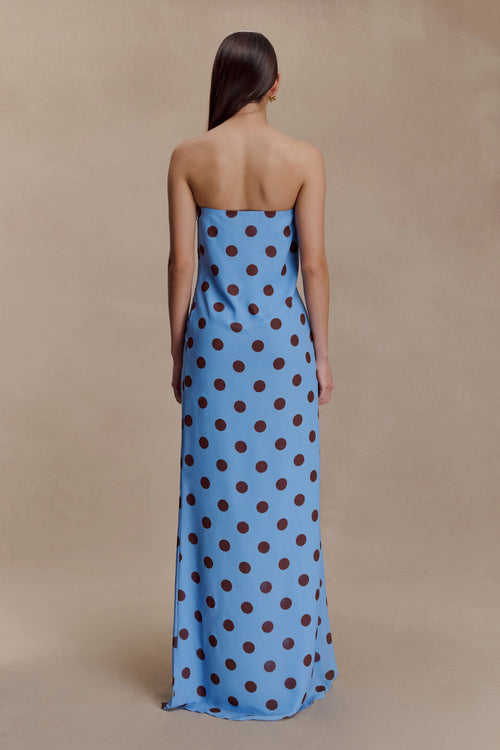 ER Amaya Strapless Chiffon Maxi Dress - Blue Polka Dot
