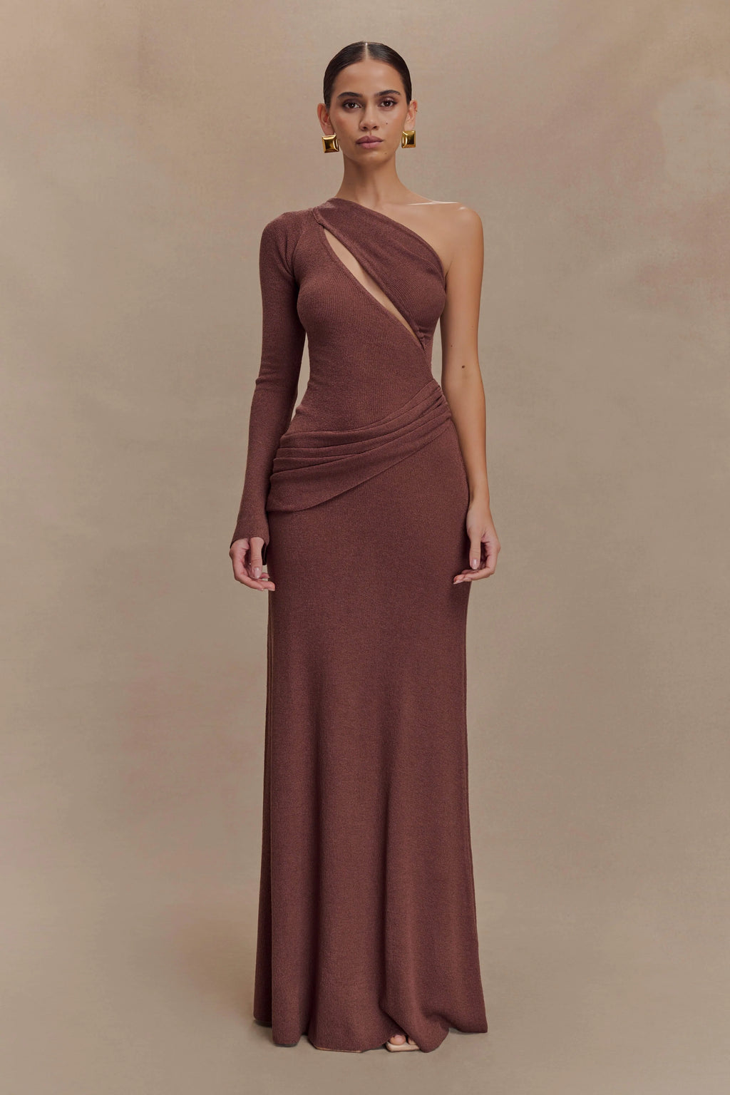 ER Alexius One Shoulder Knit Maxi Dress - Nutmeg