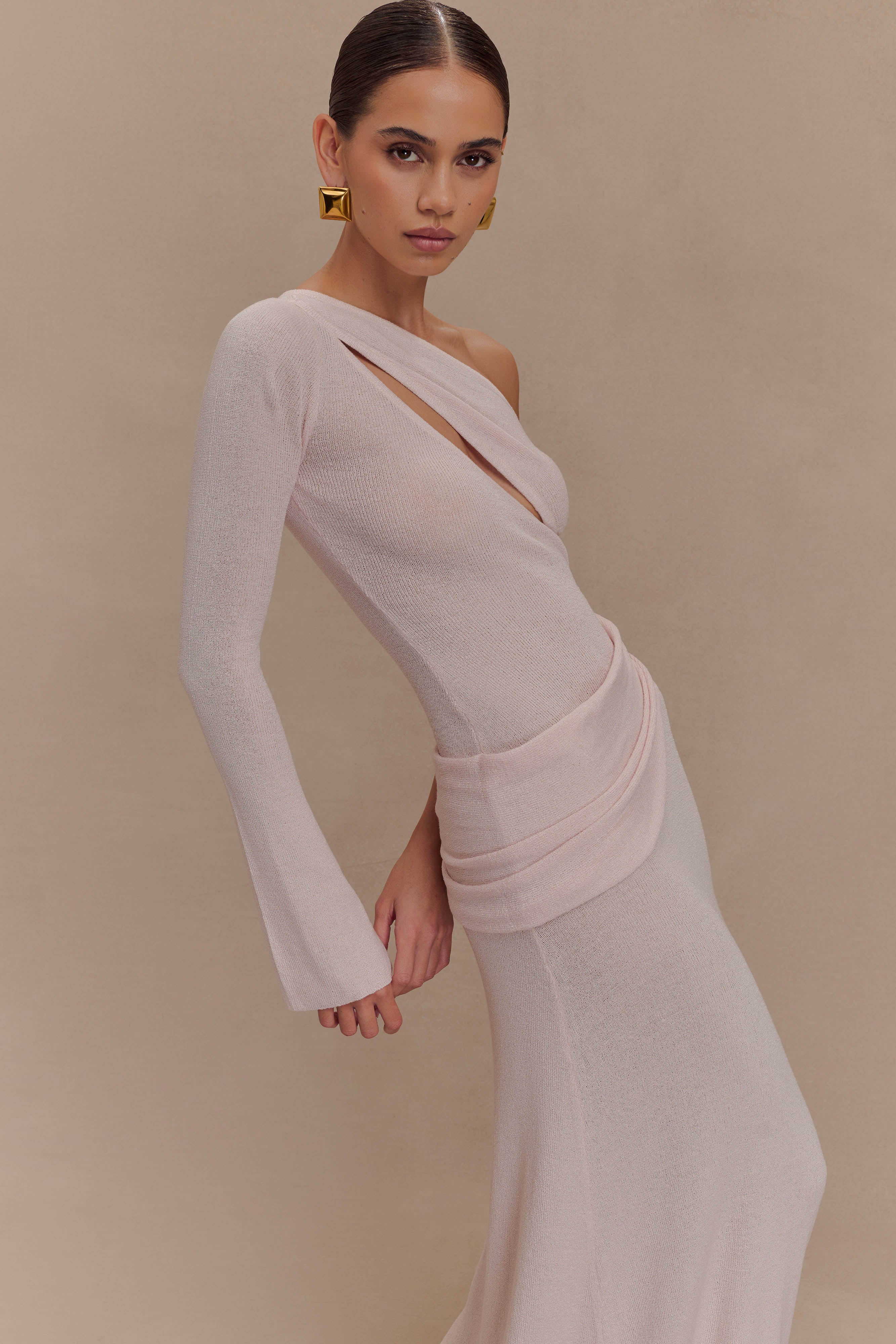 ER Alexius One Shoulder Knit Maxi Dress - Dusty Pink