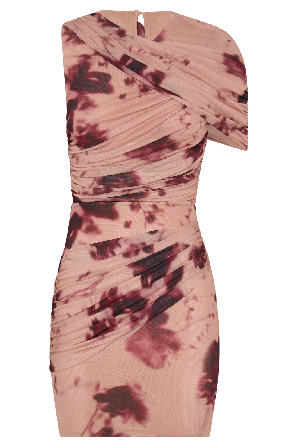 ER Adrienne One Shoulder Mesh Mini Dress - Nude Blurred Floral Print