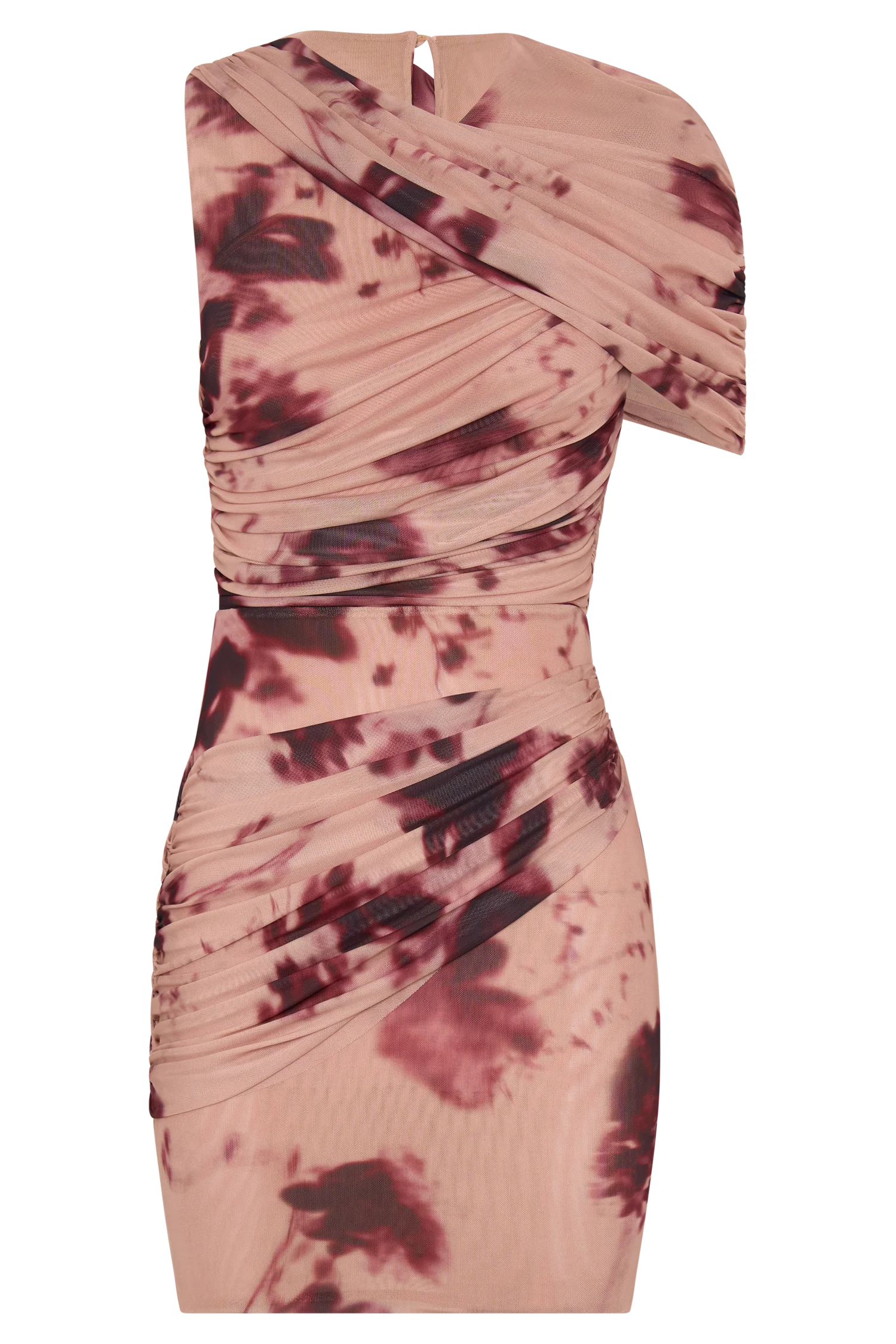 ER Adrienne One Shoulder Mesh Mini Dress - Nude Blurred Floral Print