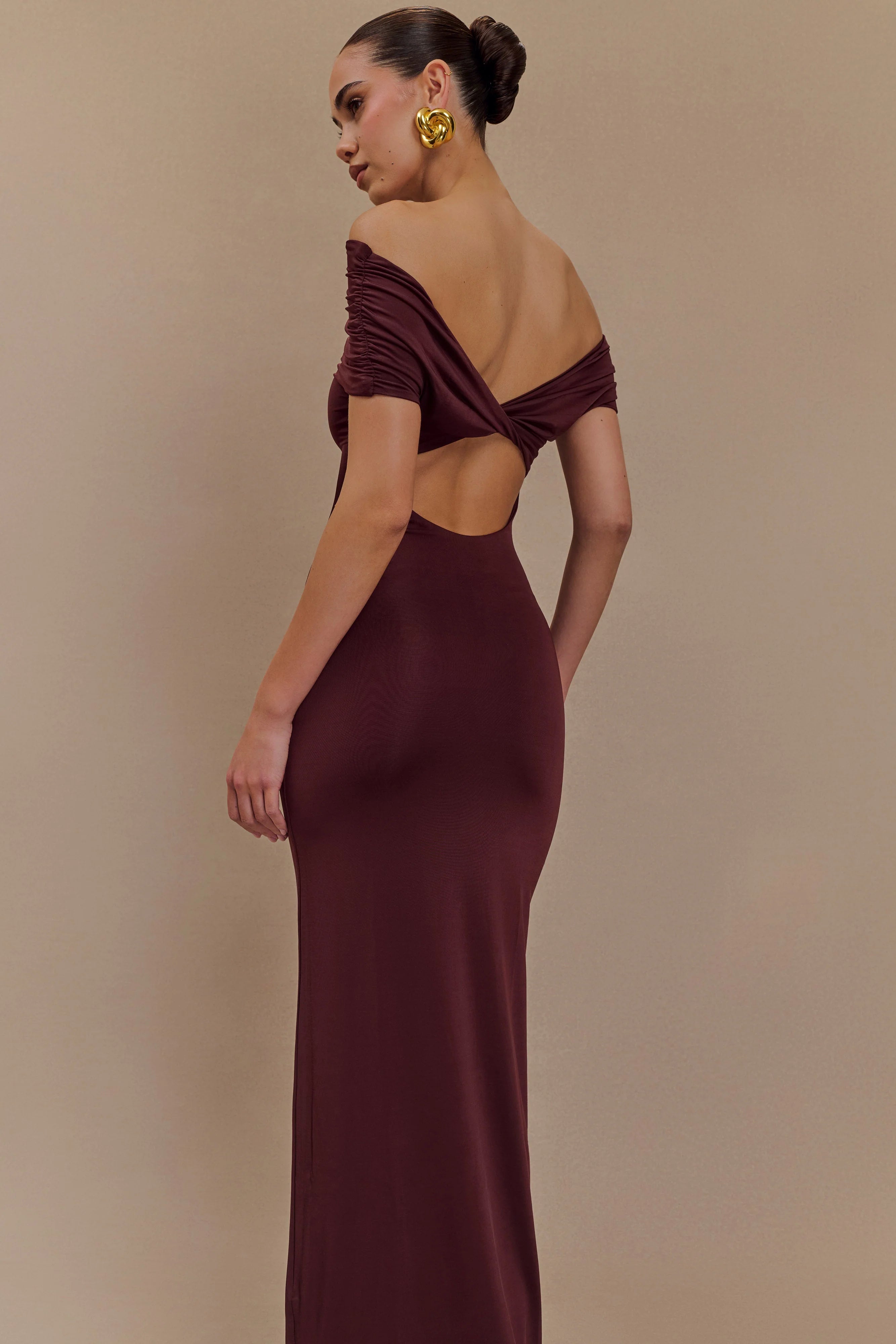 ER Imogen Off Shoulder Slinky Maxi Dress - Mahogany