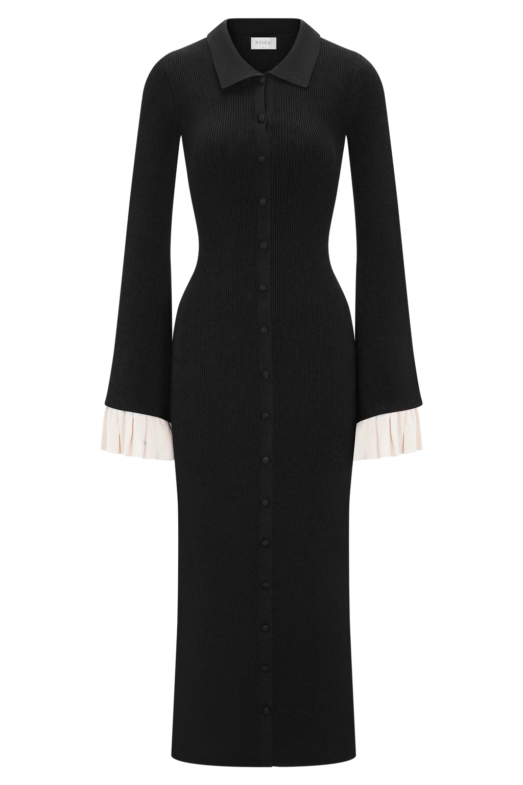 ER Amirose Ruffle Knit Midi Dress - Black