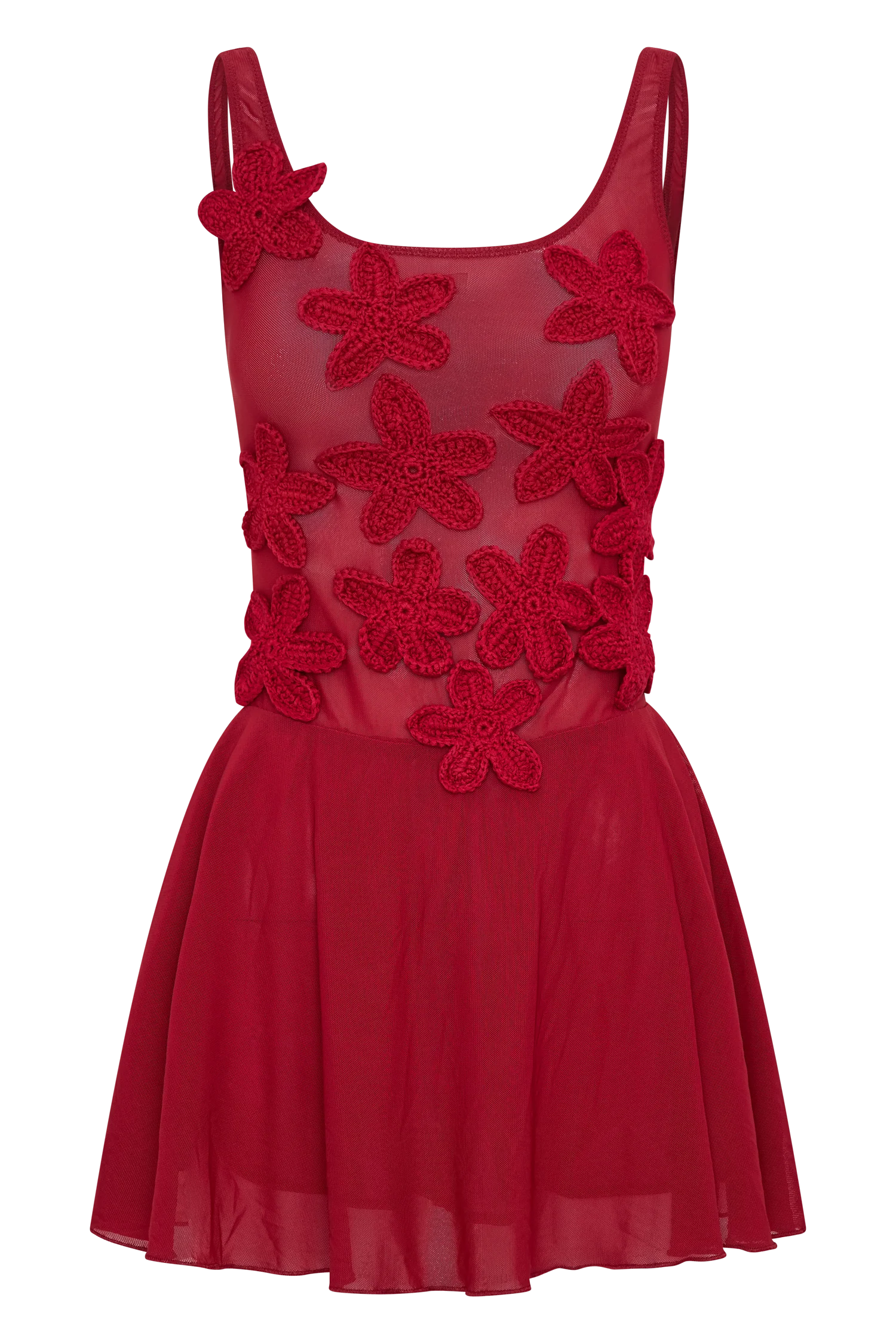 ER Melanie Mesh Mini Dress With Flowers - Ruby