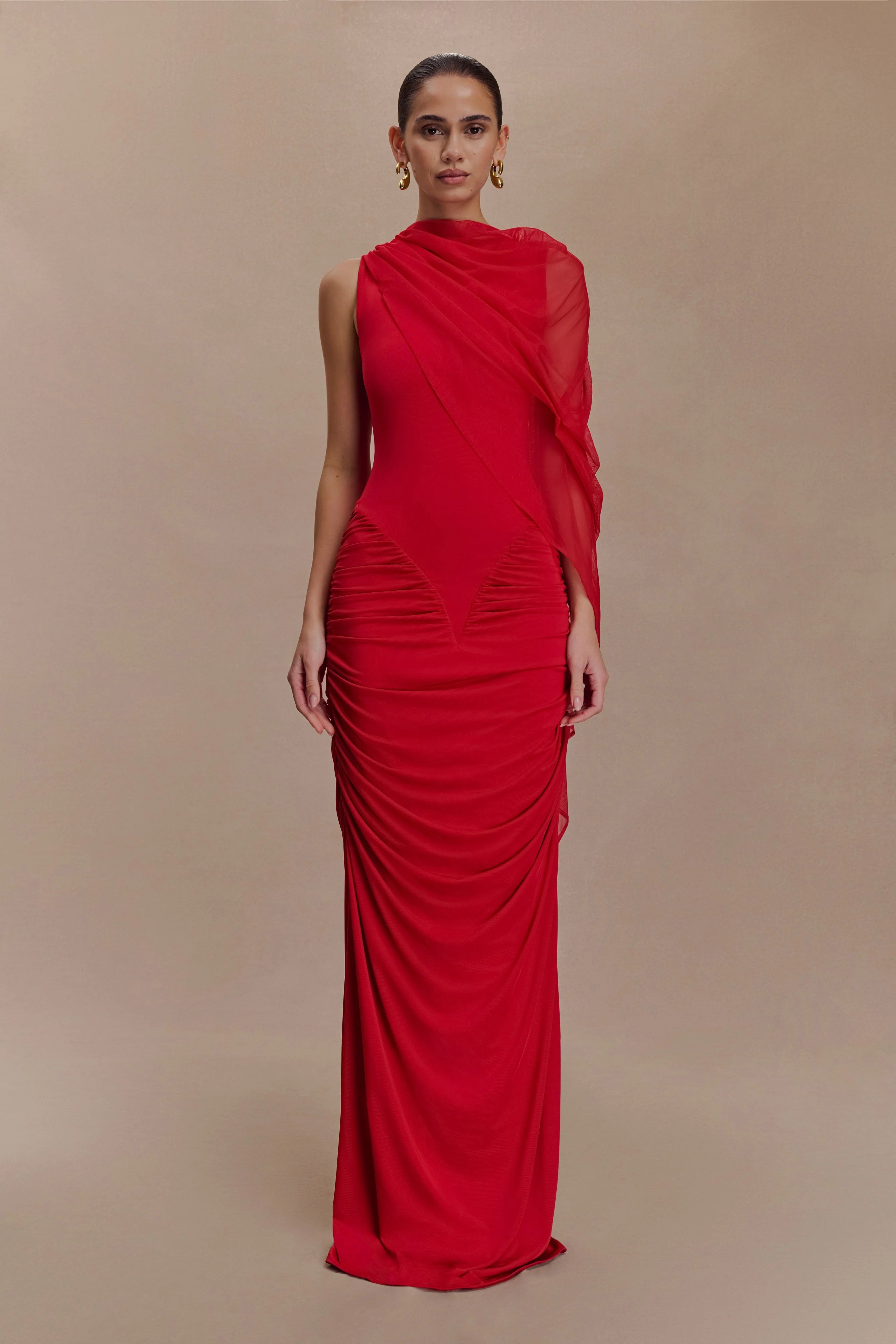 ER Amandine Ruched Slinky Maxi Dress - Ruby
