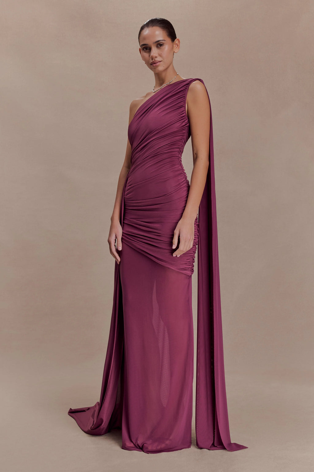 ER Asher Slinky One Shoulder Maxi Dress - Neutral Plum