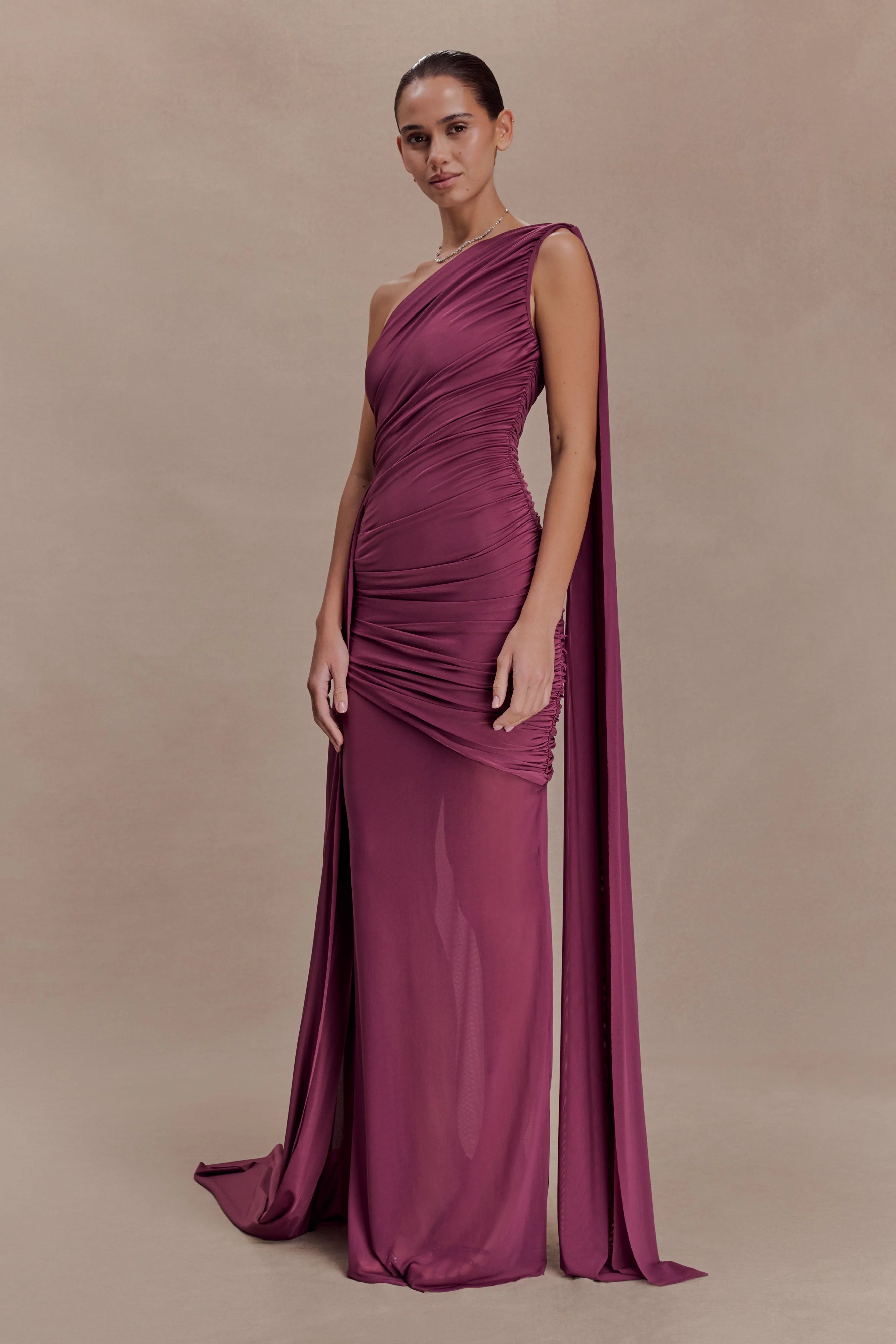ER Asher Slinky One Shoulder Maxi Dress - Neutral Plum