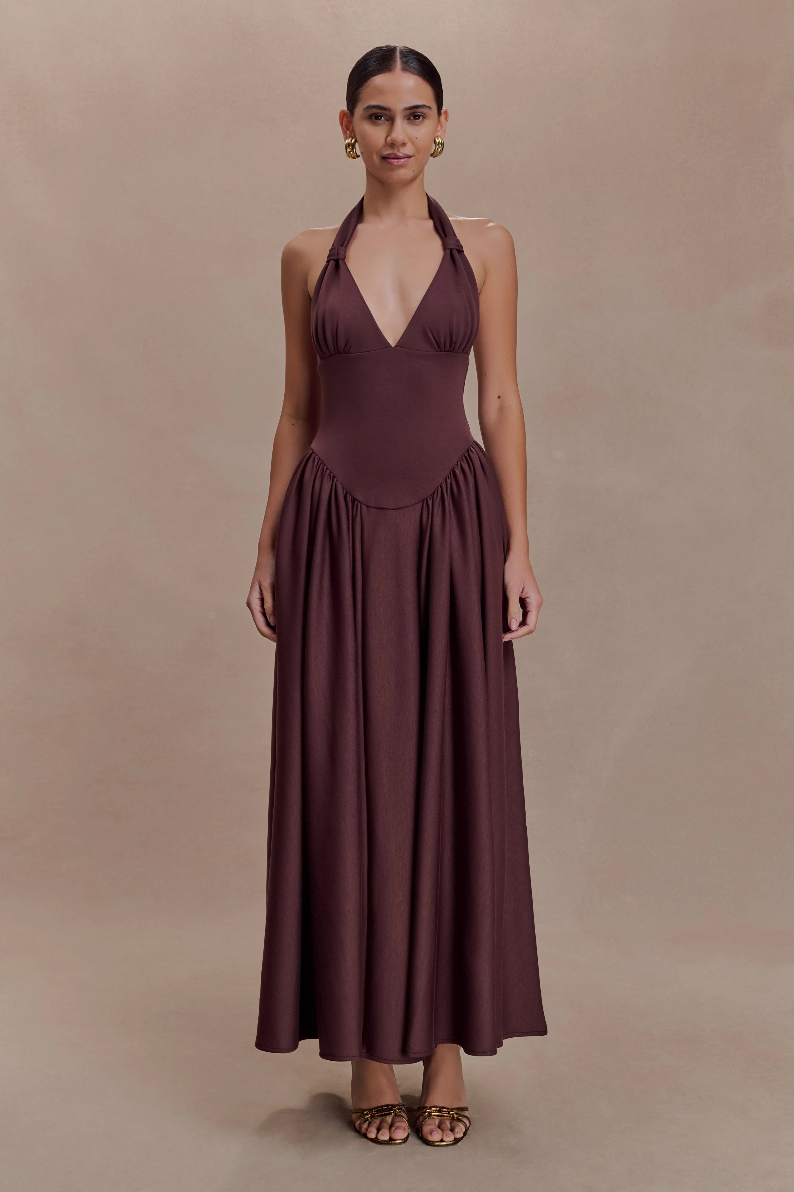 ER Angelina Scuba Halter Midi Dress - Chocolate