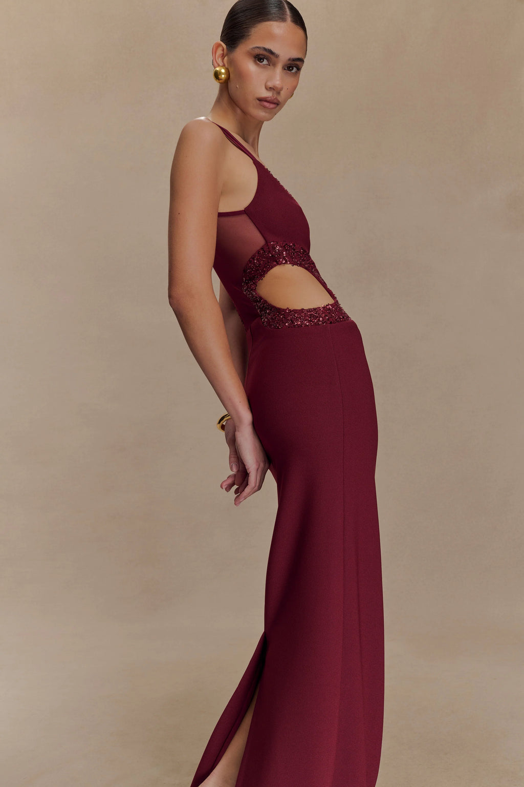 ER Angelique Beaded Crepe Maxi Dress - Wine