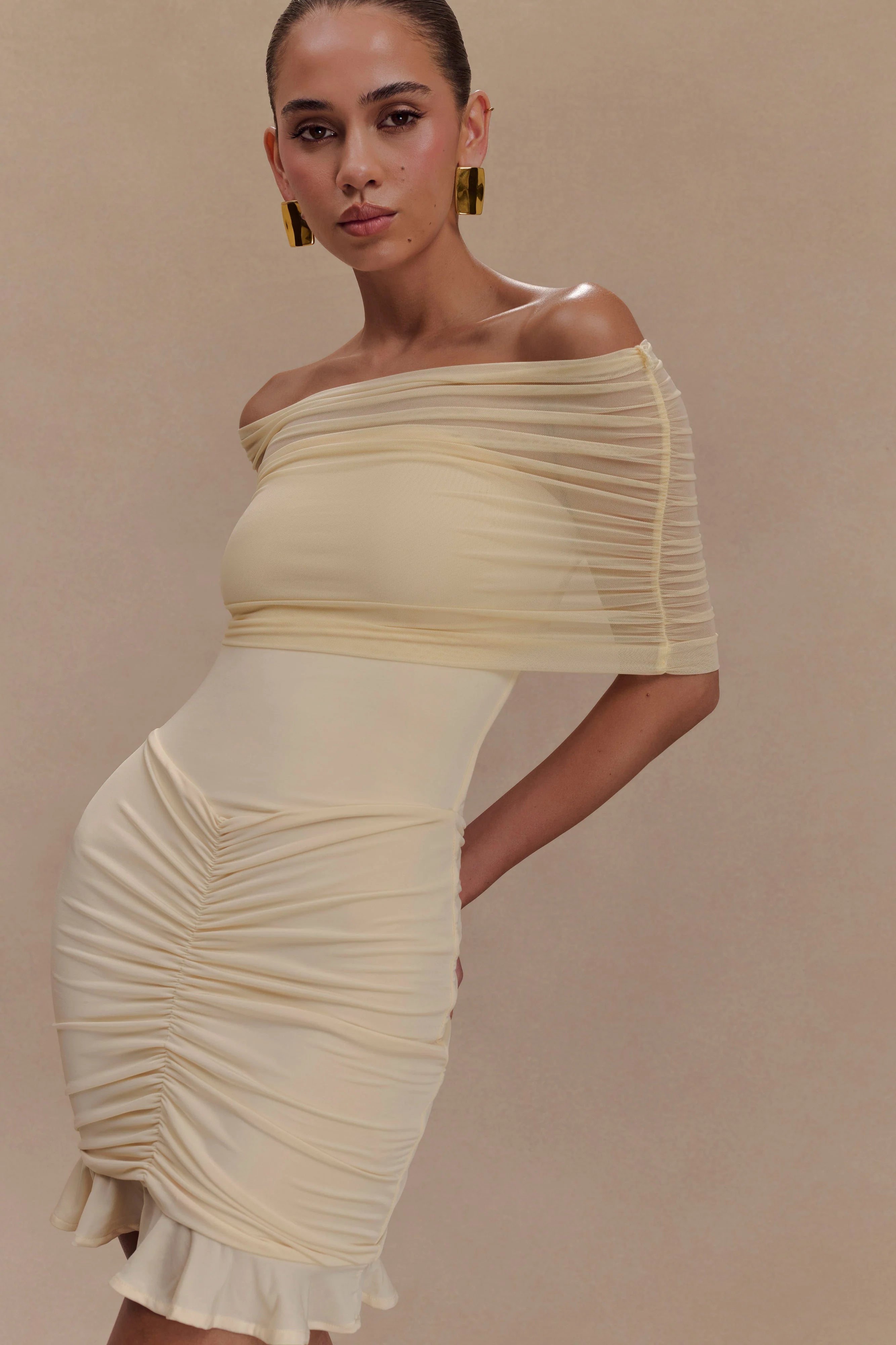 ER Caspian Slinky And Mesh Off Shoulder Mini Dress - Ivory
