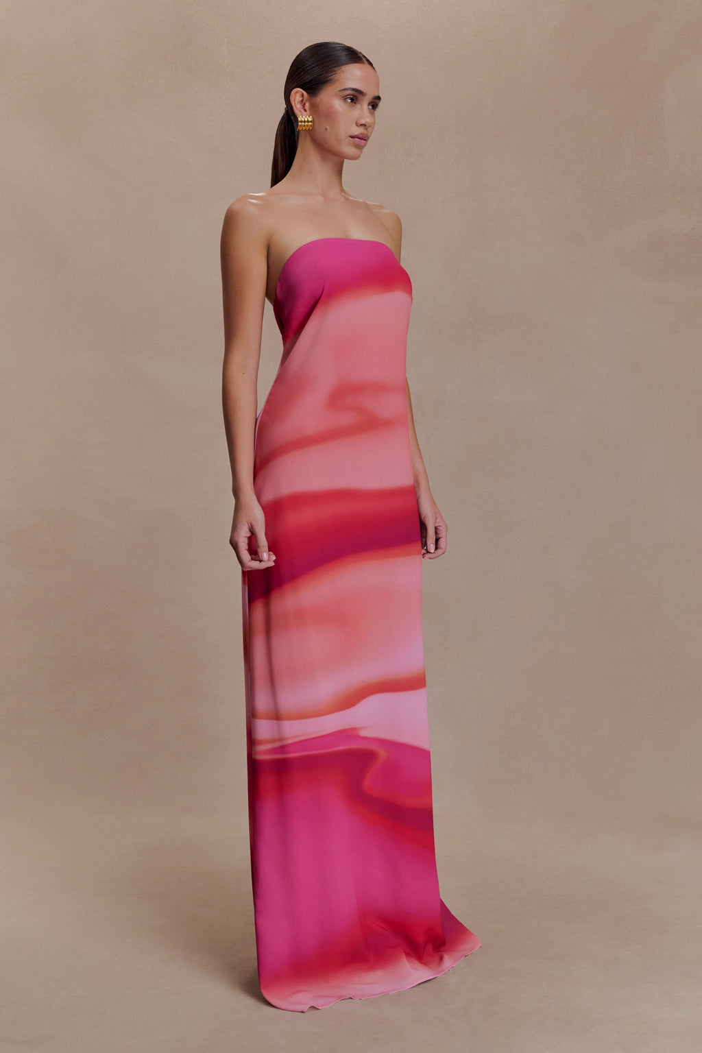 ER Amaya Strapless Chiffon Maxi Dress - Pink Sunset Print