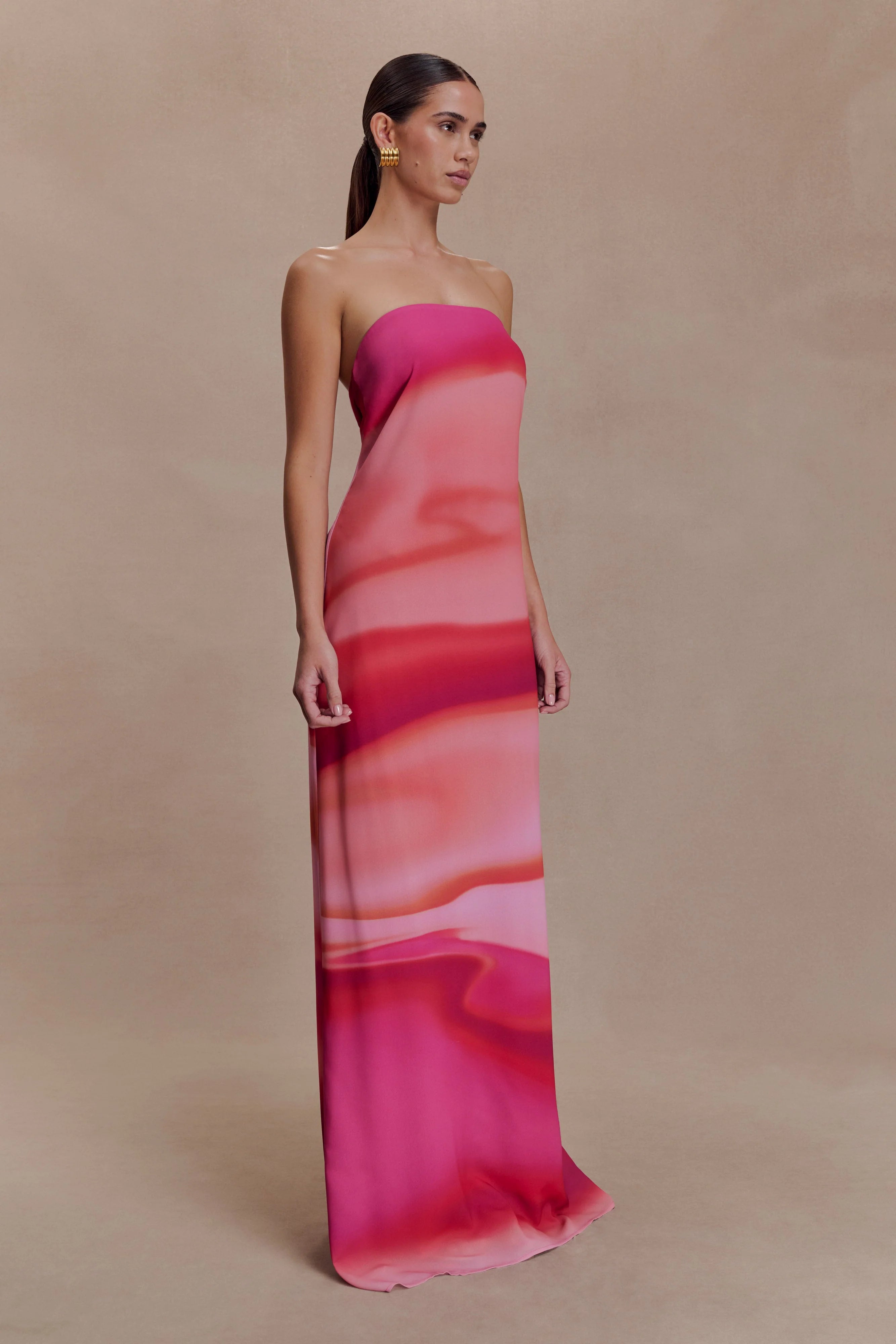 ER Amaya Strapless Chiffon Maxi Dress - Pink Sunset Print