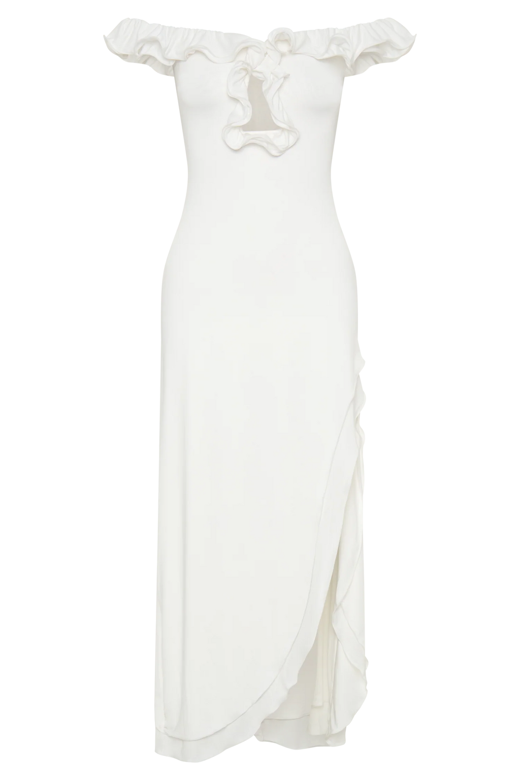 ER Allegra Off Shoulder Ruffle Midi Dress - Ivory