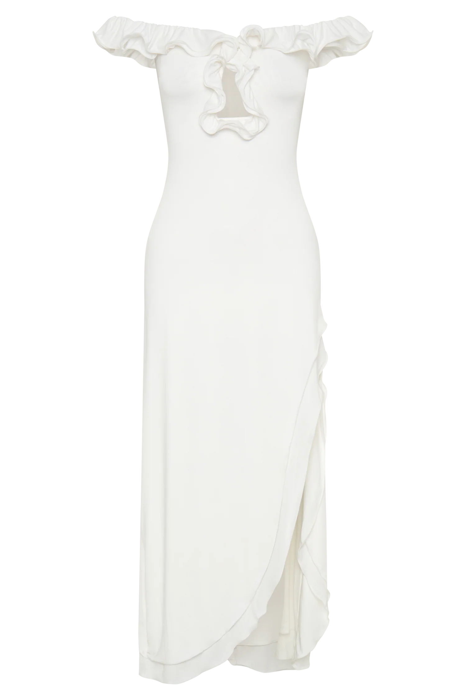 ER Allegra Off Shoulder Ruffle Midi Dress - Ivory
