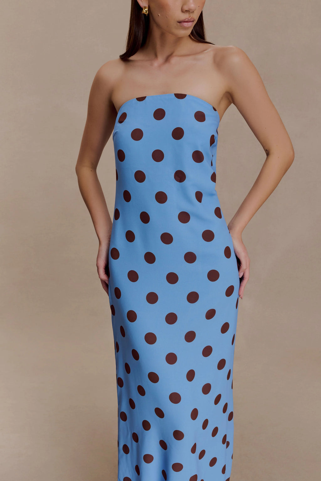 ER Amaya Strapless Chiffon Maxi Dress - Blue Polka Dot