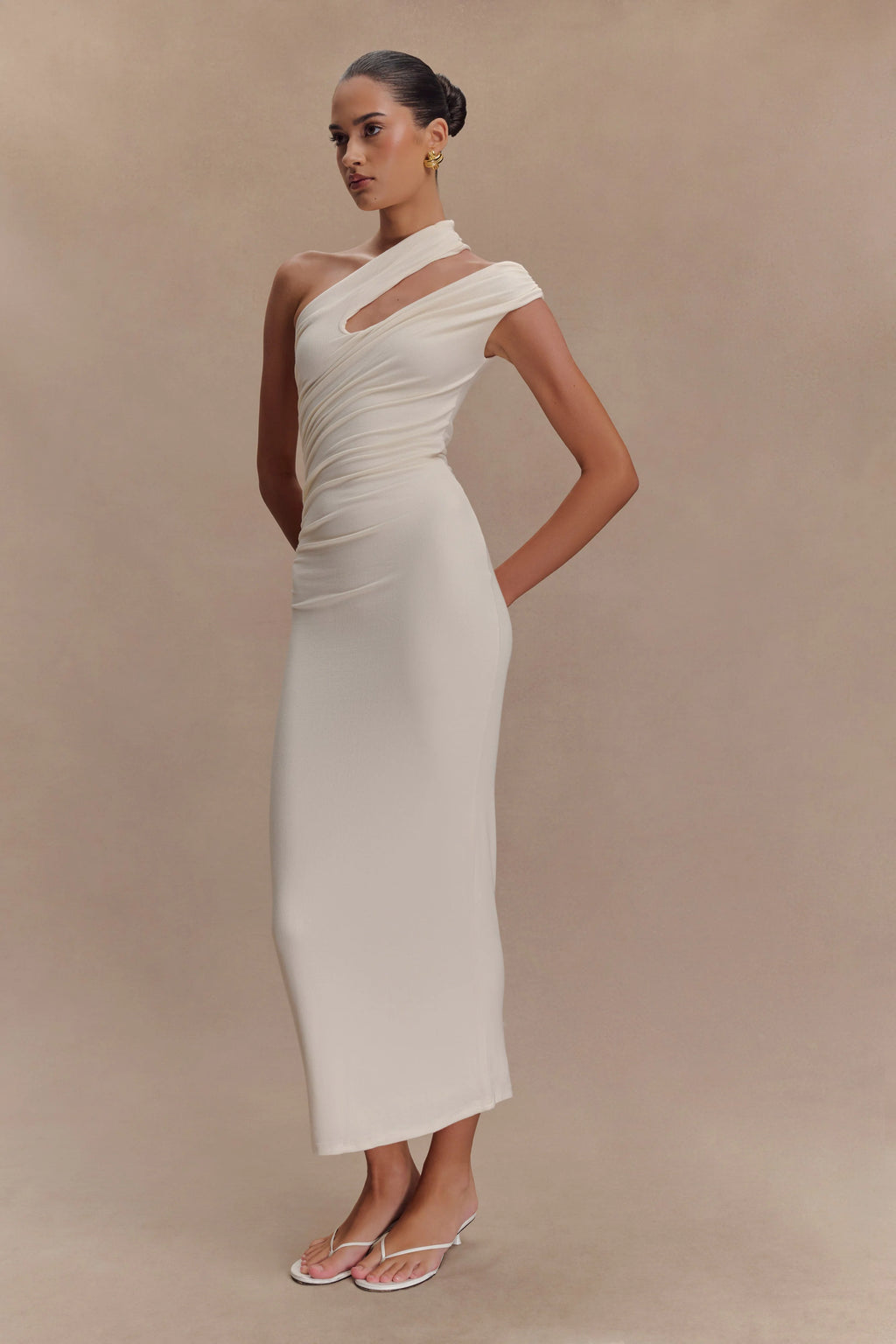 ER Anastasia One Shoulder Modal Midi Dress - Ivory