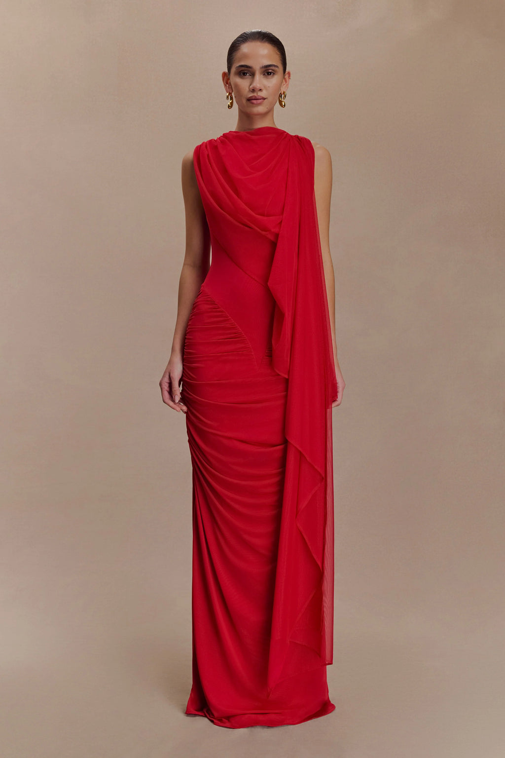 ER Amandine Ruched Slinky Maxi Dress - Ruby