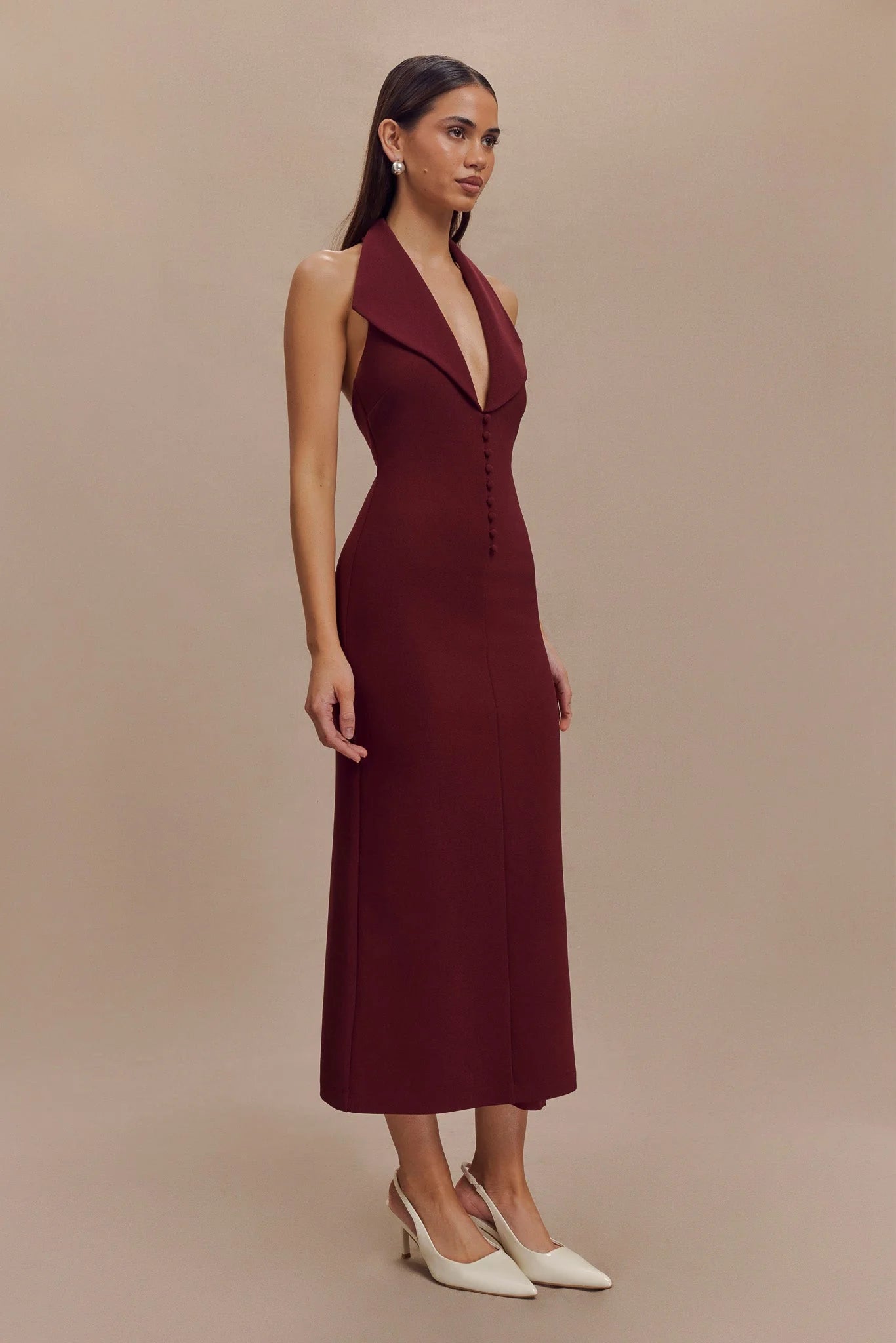 ER Annita Crepe Halter Midi Dress - Merlot