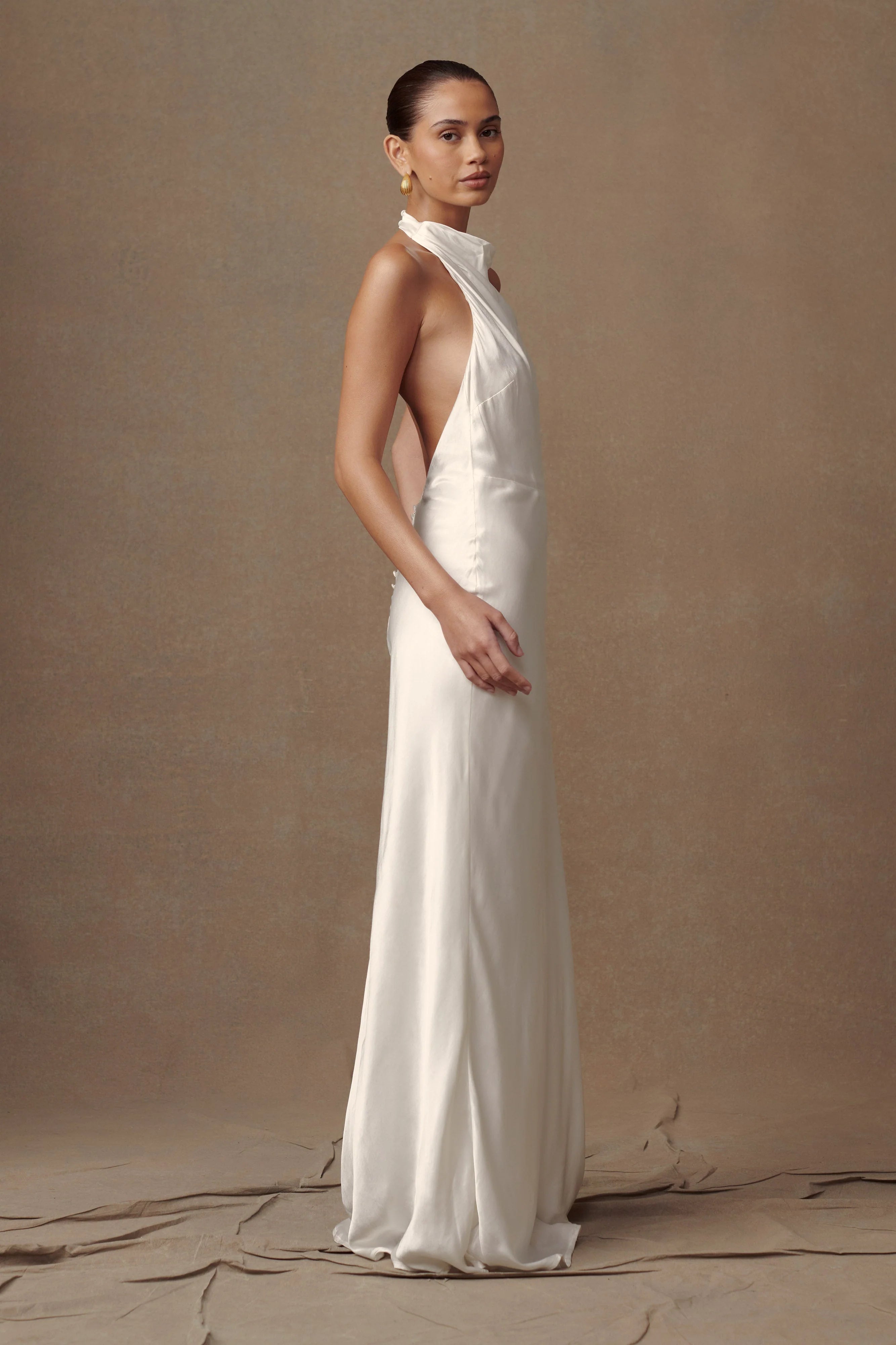 ER Esther Iridescent Satin Cowl Maxi Dress - Ivory