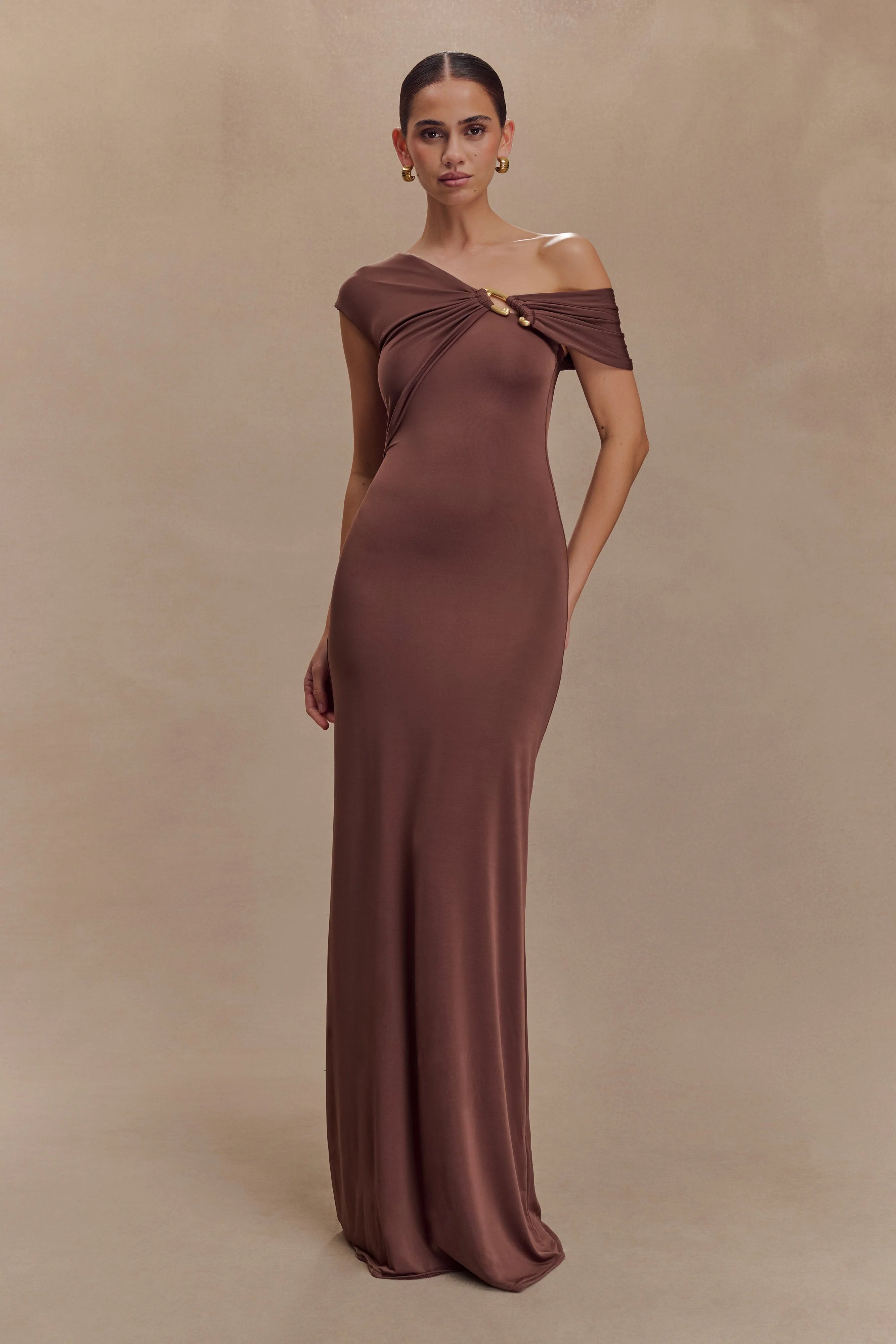 ER Ashford Asymmetrical Slinky Maxi Dress - Chocolate