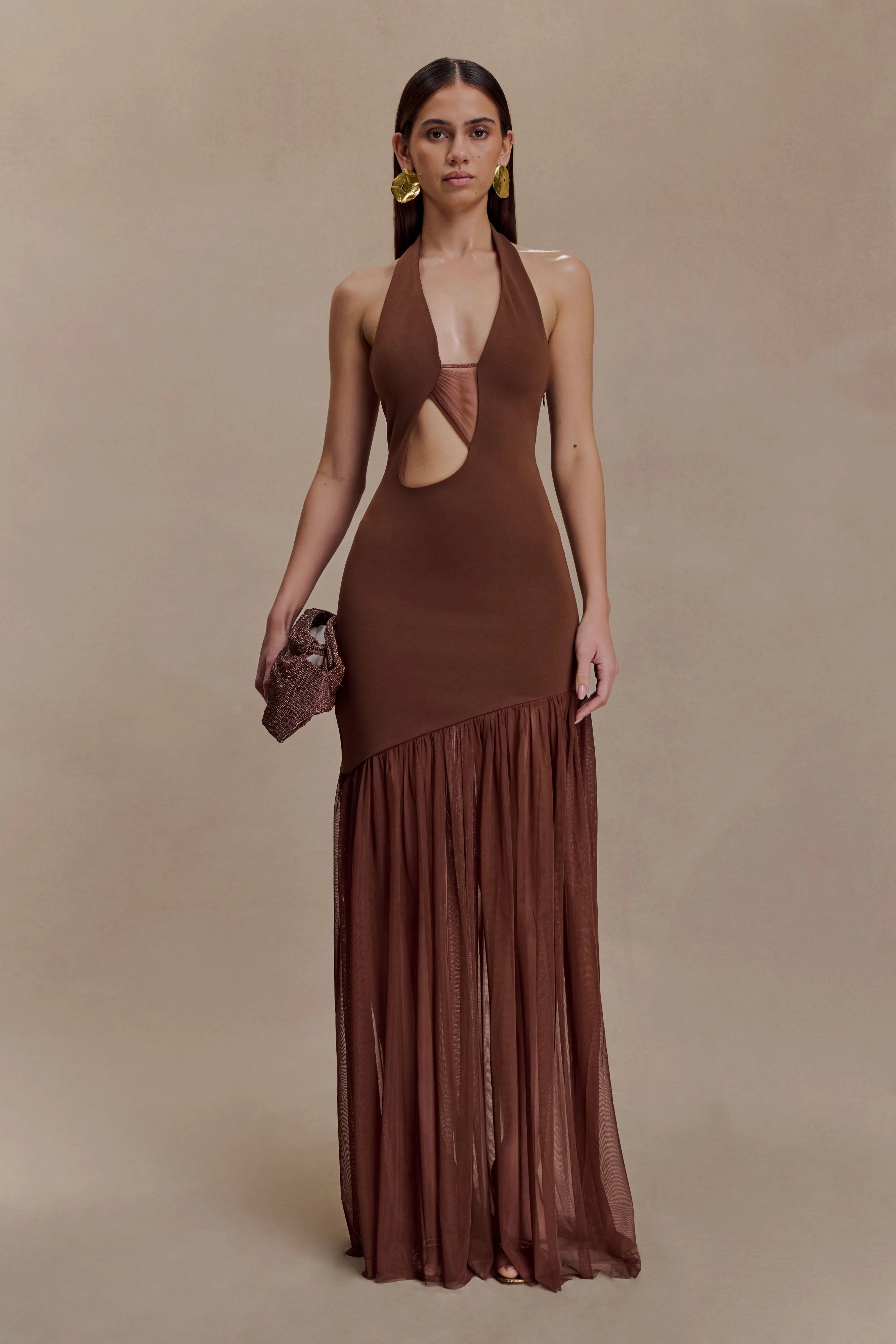 ER Aubree Crepe And Mesh Maxi Dress - Chocolate/Mocha